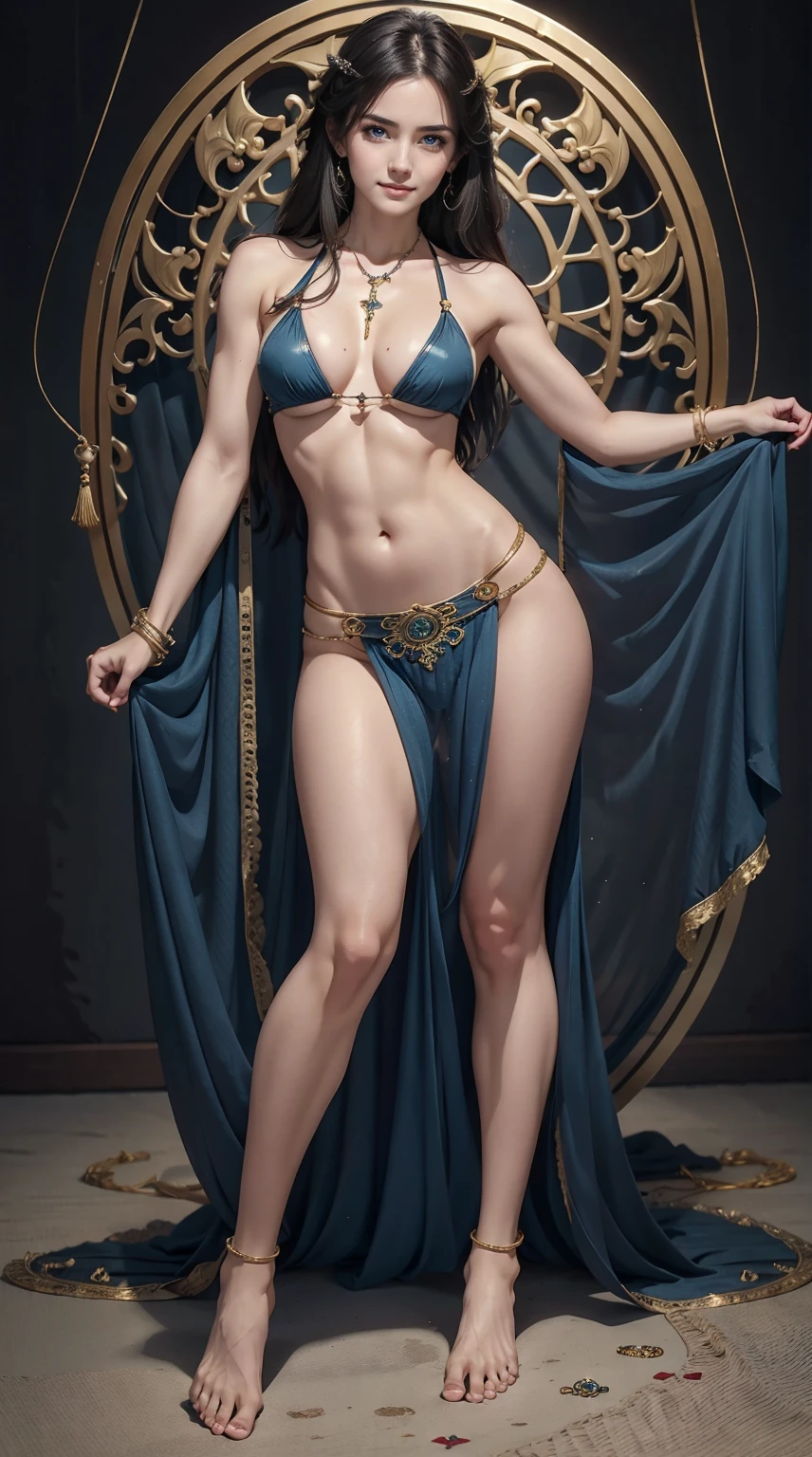 24-year-old Caucasian woman、Hair is brunette、Eye color is blue、Semi-long、Slender but well-proportioned muscular man、My abs are cracked、The belly button is out、a smile、wearing a rosary necklace、accessories on wrist、She&#39;s wearing a transparent belly dance costume.、Being barefoot、wearing gorgeous anklets、studio shoot、Art Nouveau background