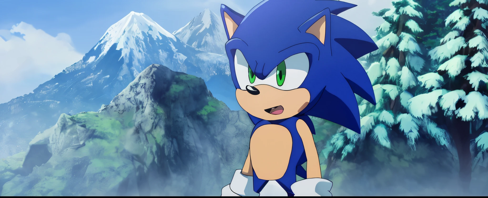 (masterpiece, best quality: 1.2), solo, male focus, sonic The hedgehog, serious, mouth shut, blue fur, green eyes, anime screencap, 8K, cute, ultra detailed, wearing white gloves, strap, snow mountain, anime screencap,invincible