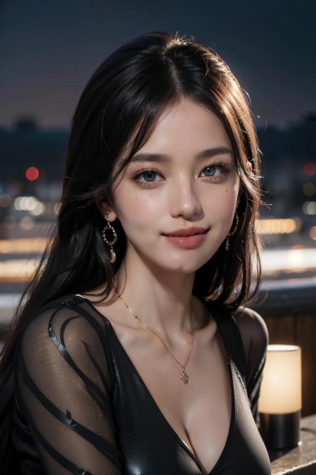 8k, masterpiece, RAW photo, best quality, photorealistic, extremely detailed CG unity 8k wallpaper, Depth of field, Cinematic Light, Lens Flare, Ray tracing, (extremely beautiful face, beautiful lips, beautiful eyes), intricate detail face, ((ultra detailed skin)) 1girl, in the dark, deep shadow, pretty asian girl, ((looking at viewer)),(big smile), (blurry background), midnight, (pretty girl), earrings, bracelets, necklace, clear eyes, extreme long shot, (pale skin), face forward, (big eyes), (looking at viewer), large breasts, ((smile)), rooftop, dim lights, ((night)), cityscape, blue eyes, golden dress, open breast, veranda, medium buttack shot)