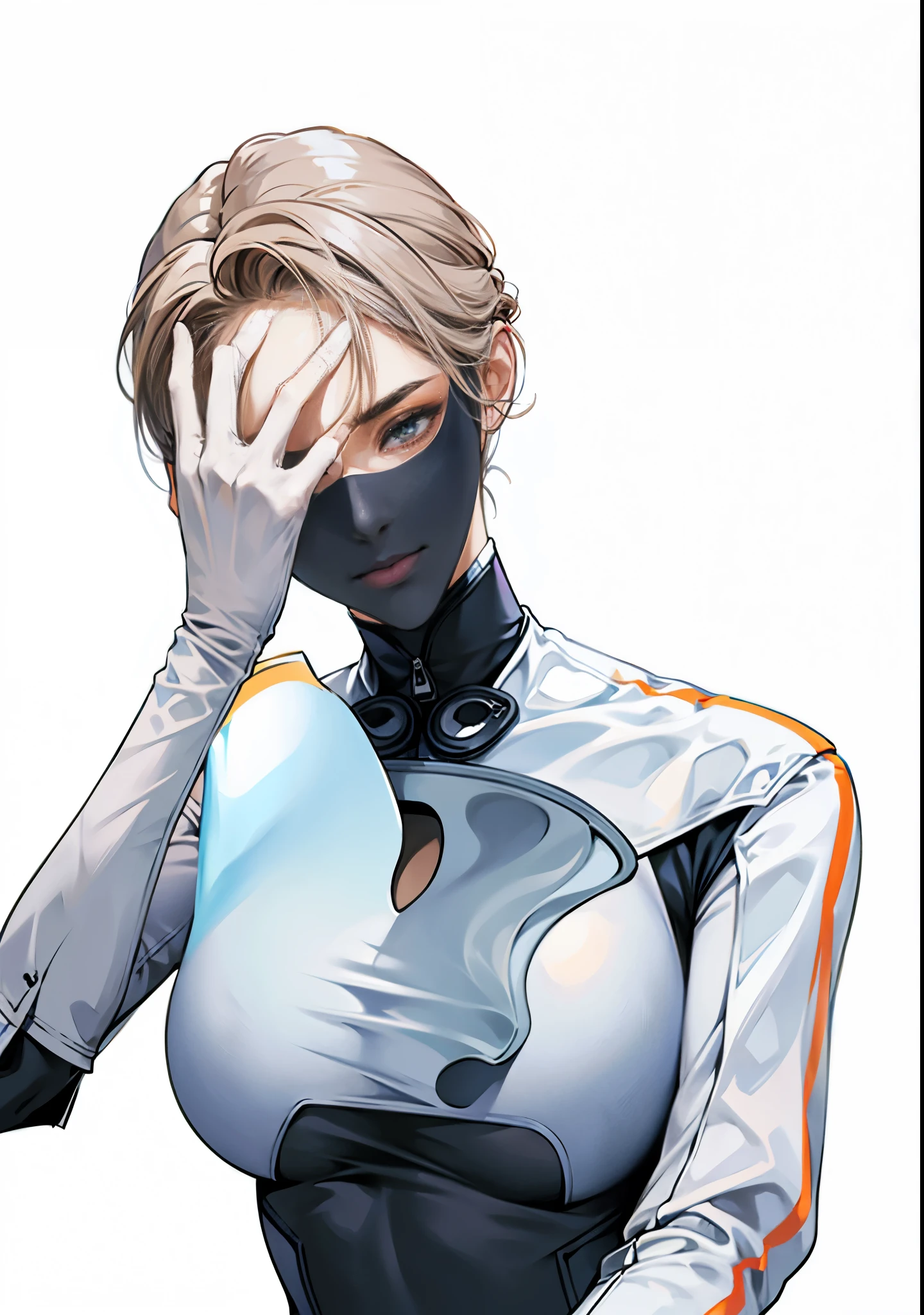 woman covering her face with her right hand、Close-up portrait of a person with hand on face,Head and torso only, Upper body visible, body suit, thinking pose,