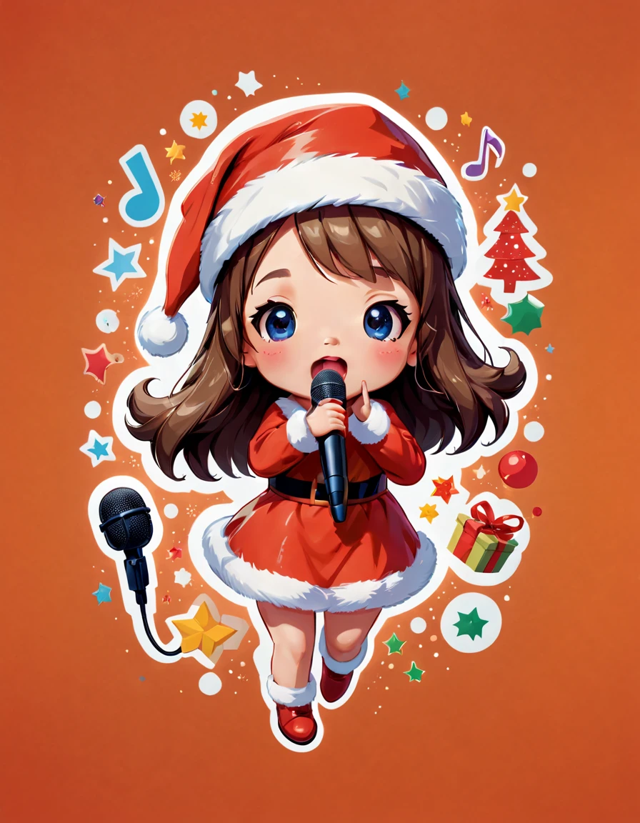 (((Stickers, Sticker))), ((1 cute Christmas girl wearing a Santa hat),((singing with a microphone)), (((Many syllable symbols floating in the air))),Christmas elements,清晰的线条,clean backdrop,Orange background