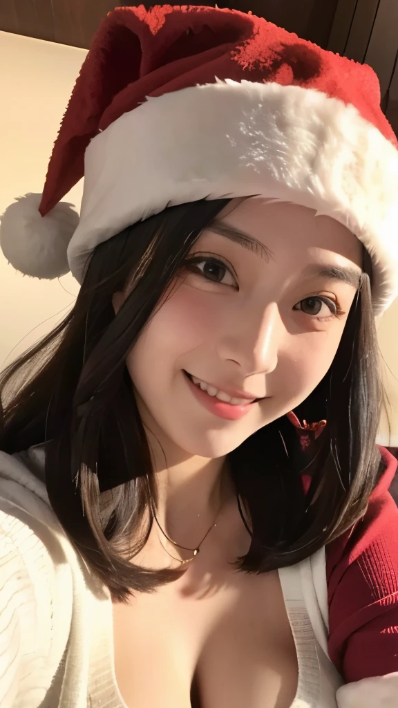逼真,3 Girl Ace Enhancement,Face Extra Large Zoom、selfee,Looking Up、Staring at this、Cleavage emphasis,Smile, shorth hair、Santa Hat:1.4