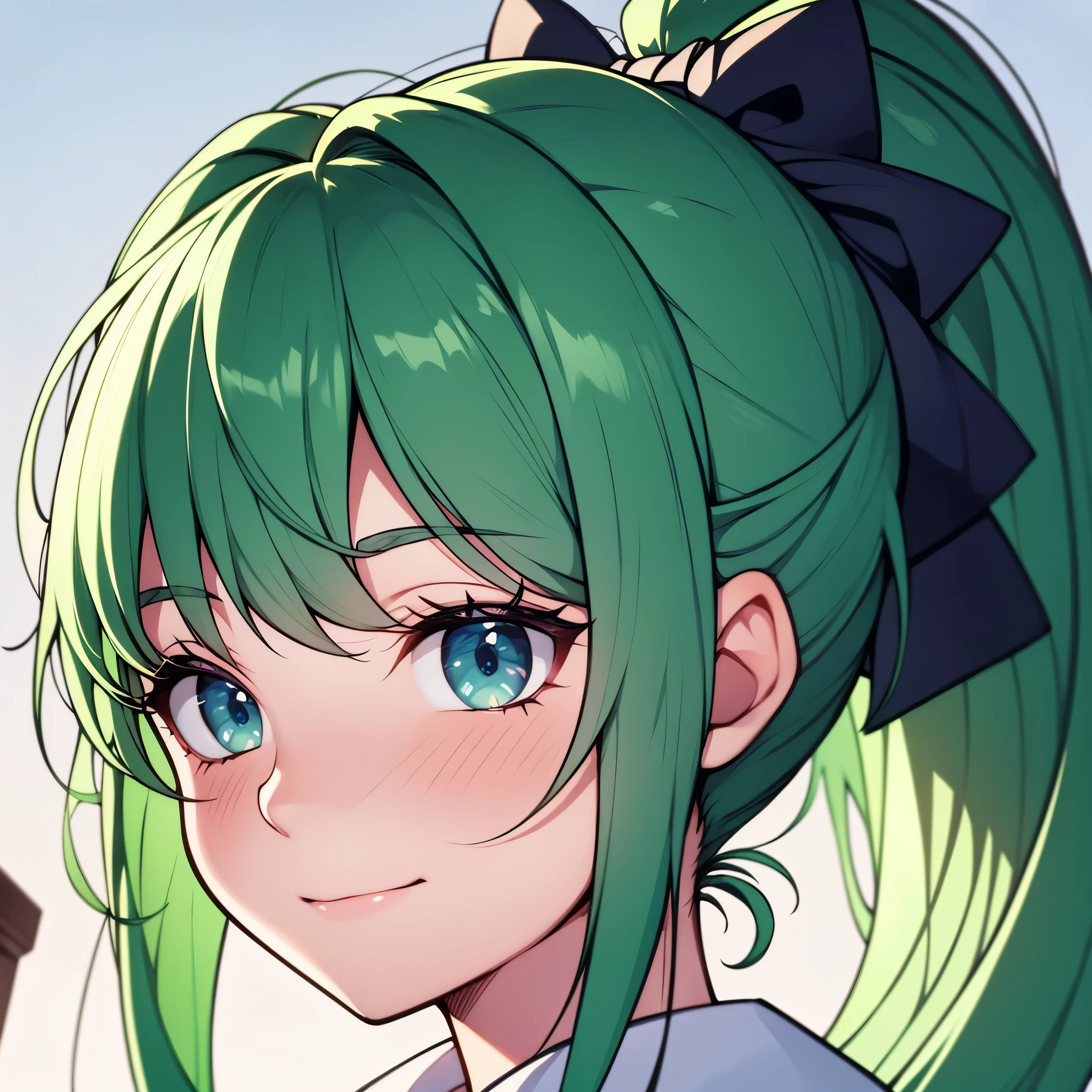 detailed, (masterpiece:1.2), (solo:1.2), (female), (emphasis lines:1.3), slender, green hair, outdoors, ponytail, cheerful, smile, green eyes