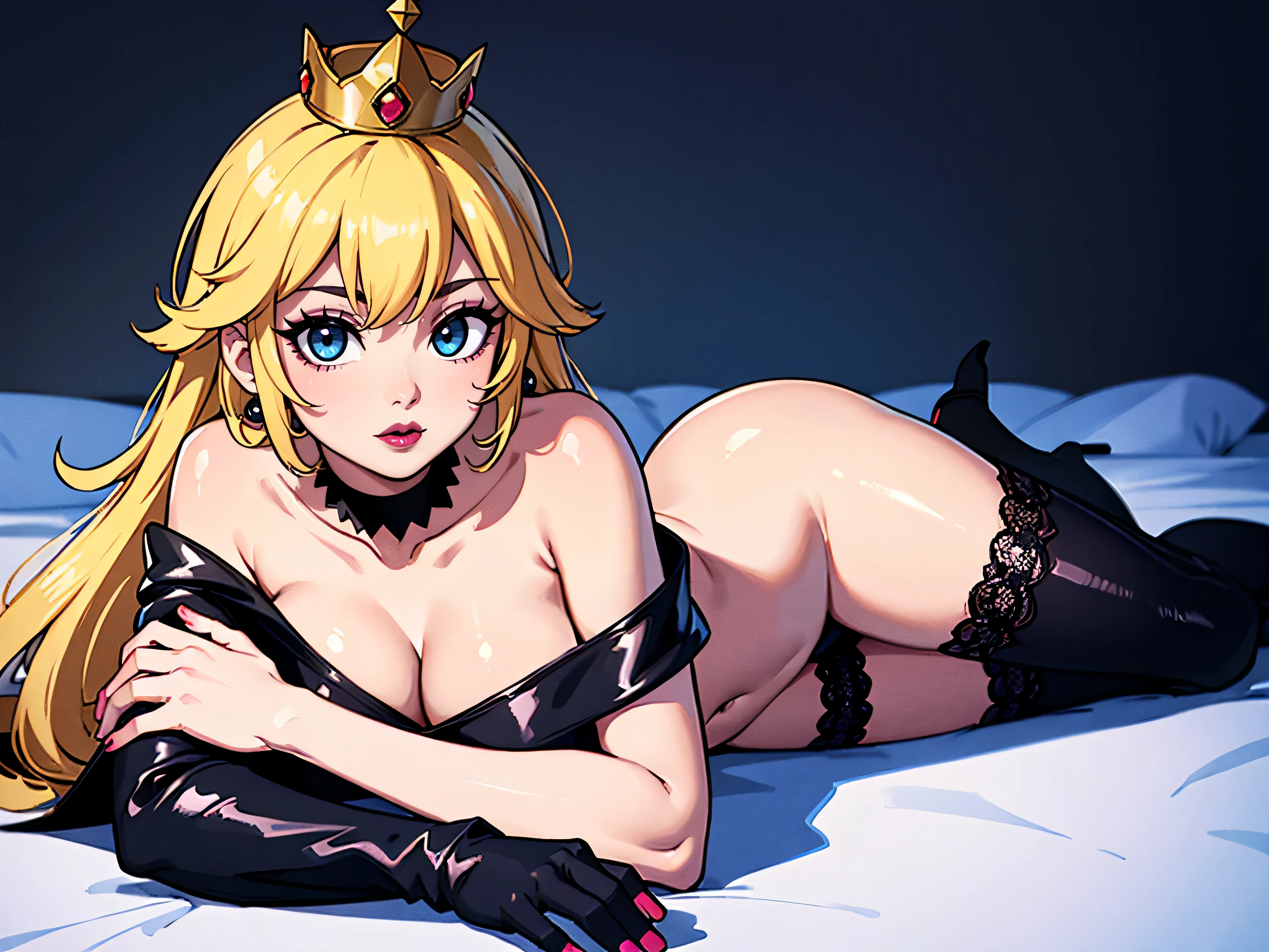 ((high detailed, best quality, 4k, masterpiece, hd:1.3)), ((best quality)), (((HD))), (((8k))), (ultraDH), (ultra HD), Snowy Forest background, snowflake pattern, frozen forest, a full-length shot of Princess Peach lying on the snow on the floor, in the winter mountain, neon blue eyes, BREAK blue eyes, seductive, attractive, shy_smile, smooth anime cg art, 36C_breasts, cleavage, long legs, vivid colors, detailed digital art, slim body, perfect skin, blonde hair, wet hair, BREAK crown, looking at viewer, BREAK looking at viewer, extremely detailed face, using lingerie, pink lingerie, small lingerie, sexy_mini_black_thong, sexy_mini_black_gstring_thong, earrings, gem, black high heels, high heels, dark black makeup lips, dark gothic eyeshadows, dark eyeshadows, black eyeshadows, black sexy lips, black lips, (dark:1.2), dark lips, very dark lips, (perfect_hands), (perfect_anatomy), black makeup, black medium lips, detailed_fingers, five_fingers_per_hand, 5_fingers, five_fingers, (1 girl), ((1 solo girl)), detailed_lips, detailed black lips, black painted lips, gothic painted lips, (off shoulder:1.1),