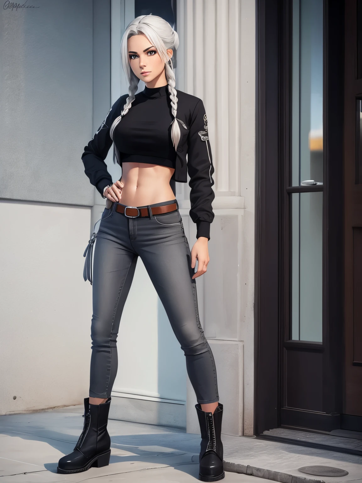 Character design sheet, same character, on front, from on the side, At the back. Tall European girl 23 years old with a toned physique. white colored hair, braided into a tail and closes one eye, and gray eyes. Black Top, dark gray jeans and high boots, Grey plaid shirt. Silver elements and jewelry