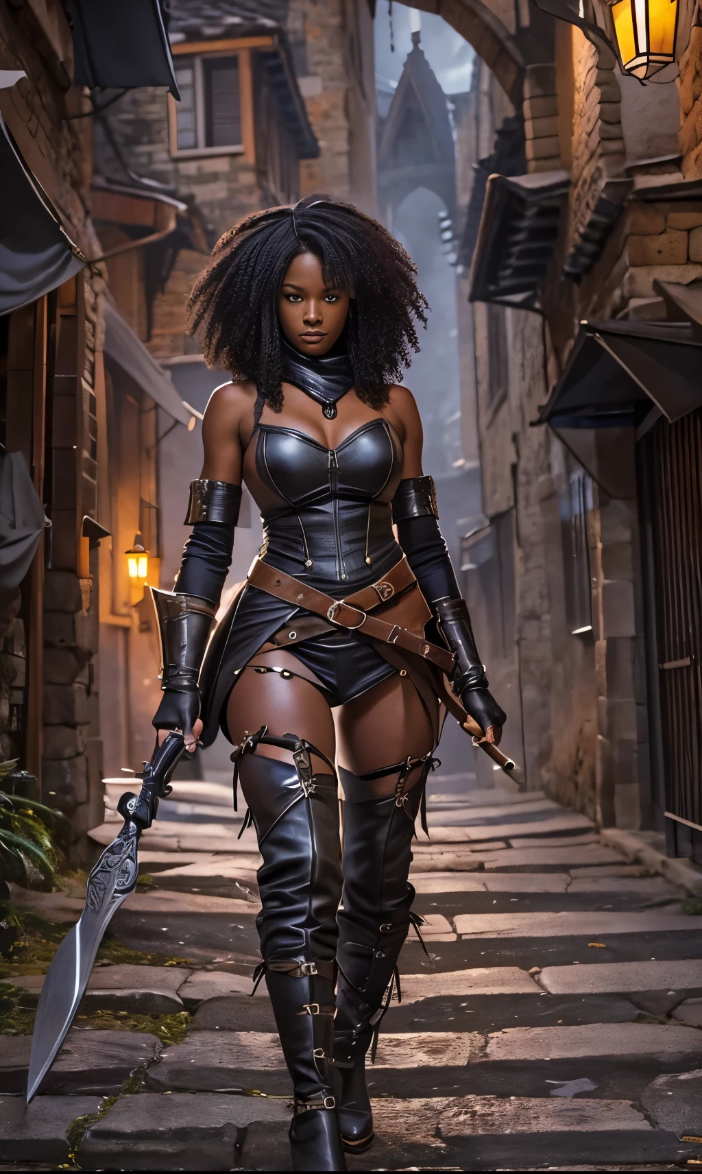 (a detailed female rogue,a black-skinned female rogue,a black skinned female rogue with an intense expression)black female rogue,sneaking through an alley in a medieval town,leather armor with a skimpy design,showing a hint of sensuality,black patterned pantyhose,curly black hair,flowing and vibrant,holding a leather whip in one hand as a weapon,"high-heeled leather boots",giving her an agile and dangerous aura,medieval-themed alley,with dim and flickering lanterns casting a mysterious and eerie light,ancient architecture towering on both sides of the alley,adding a sense of history and atmosphere