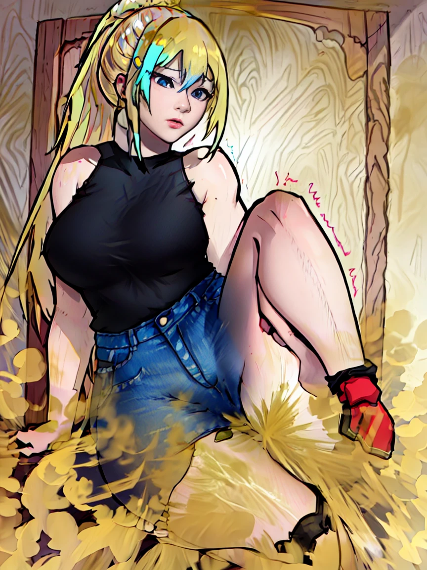 (best quality,4k,8k,highres,masterpiece:1.2),ultra-detailed,beautiful detailed eyes,beautiful detailed lips,extremely detailed eyes and face,long eyelashes,1girl,blonde hair,ponytail,fit body,red tank top,blue denim shorts,leg lift,pretty face,blue eyes,illustration,high contrast,soft lighting,vibrant colors,playful mood