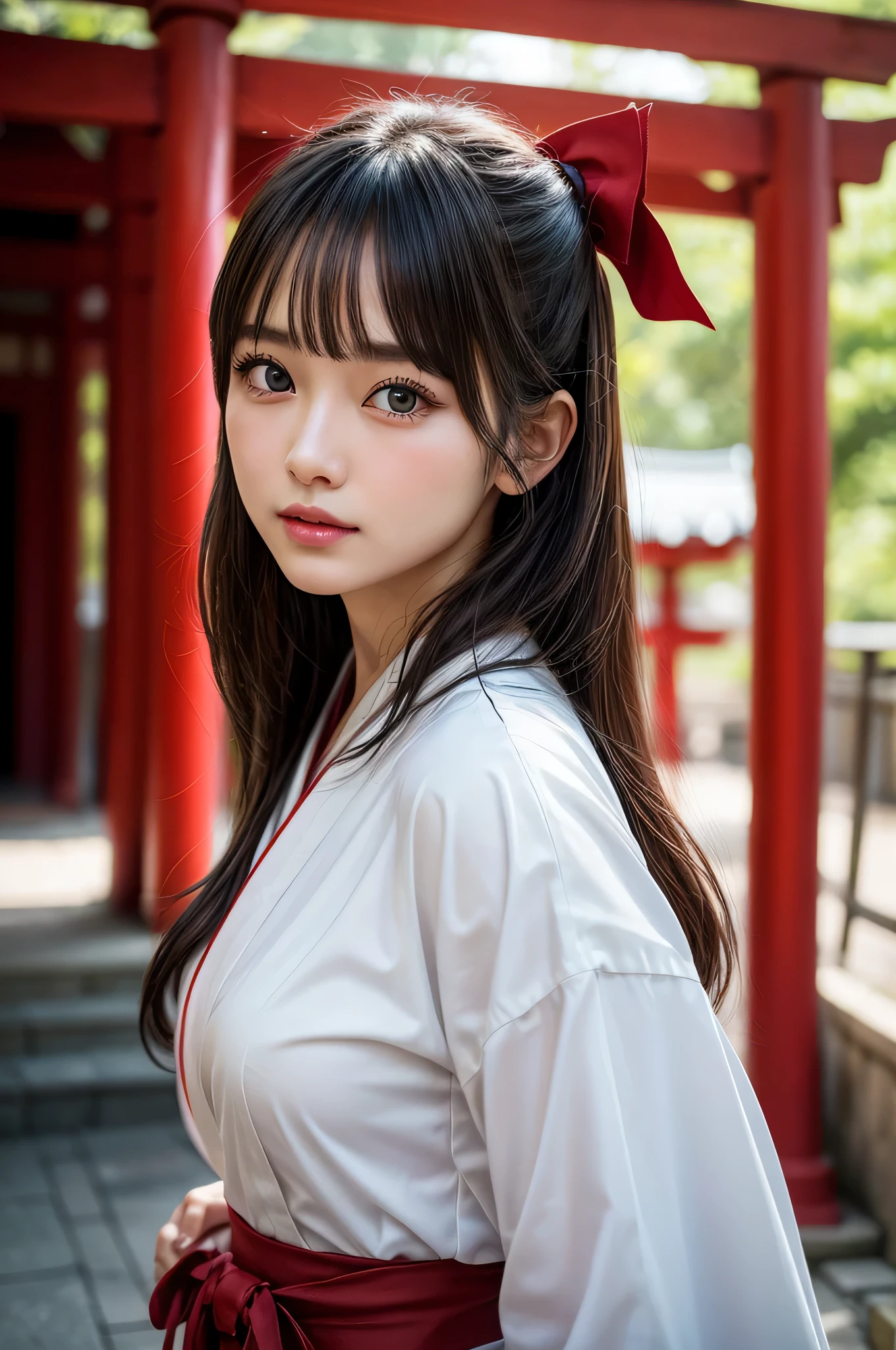 1girl in, (shrines maiden), Japanese style shrines maiden costume, White haori, Red Hakama, Extremely cute, Amazing face and eyes, (extremely detailed beautiful face), (Ultra Realistic), (Highly detailed eyes, Highly detailed hair, Highly detailed face, Highly detailed plump lips), Upper body, Search Smile, (Best Quality:1.4), Raw photo, (Realistic, photo-Realistic:1.37), Professional Photography, Cinematic Light, divine, shrines, Red torii gate,