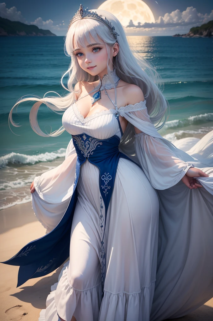 Hay una chica que sale del mar, The Swan Princess of Russian mythology, Una hermosa cara tranquila, ojos azules, cabello largo rubio trenzado en una trenza, The moon moon is woven into the hair on the back of the head, blanco viejo ruso brillante ropa, Una corona de Kokoshnik en su cabeza, A loving look, una media sonrisa, a soft expression on his face, Un paisaje marino de fondo y luz solar, Gaviotas en el cielo, full-length, Fotorrealismo