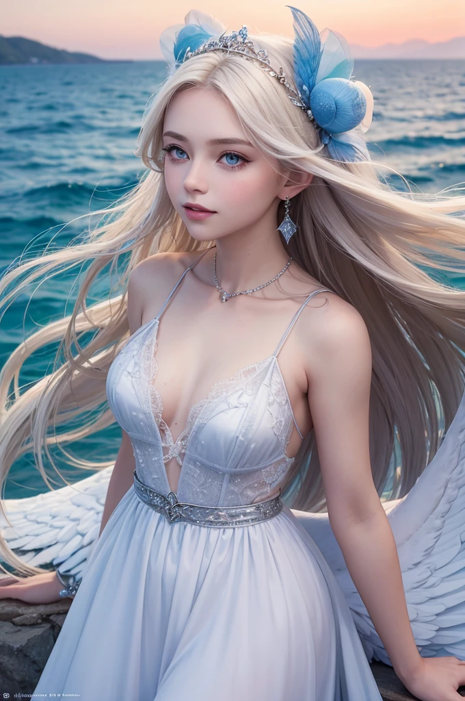 angel, super beautiful, colorful splashing, hiten, clear and beautiful, close-up, mysterious, beautifully painted, female, very long hair, bangs, floating hair, blonde hair, hair fluttering in the wind, delicate beautiful face, light smile, bright skin, white dress with gold decoration, Floating light spot, beautiful and clear background, Absurd, very fine 8K CG wallpaper, absurdres, highres, masterpiece:1.4, best quality