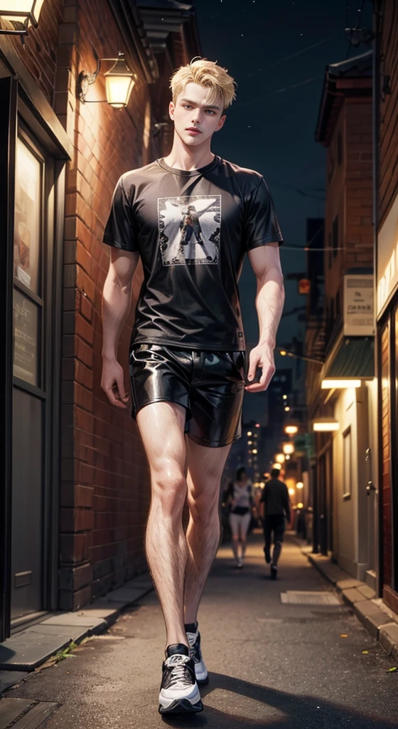 RAW photography, 1boy, male focus, topless young guy, messy hair, looking at viewer, on the street, Beautiful lighting, deep shadow, Best Quality, masterpiece, Ultra-high resolution, photo-realistic, blurry background, wearing satin pajamas shorts, nylon shorts, material is shiny, full body