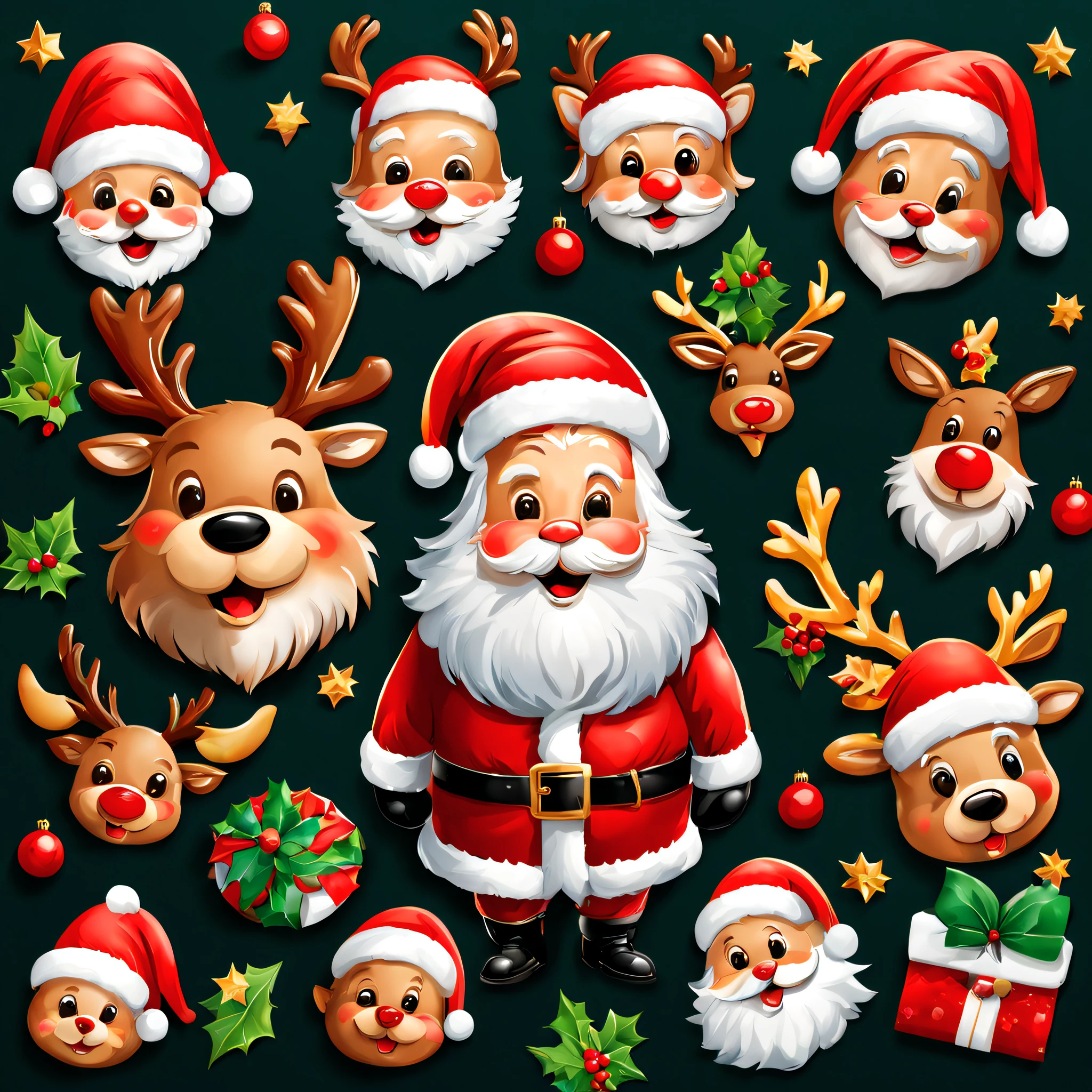christmas stickers, santa and reindeer face, Leaves, christmas bells, (masutepiece), (Best Quality), (ultra high detailed)