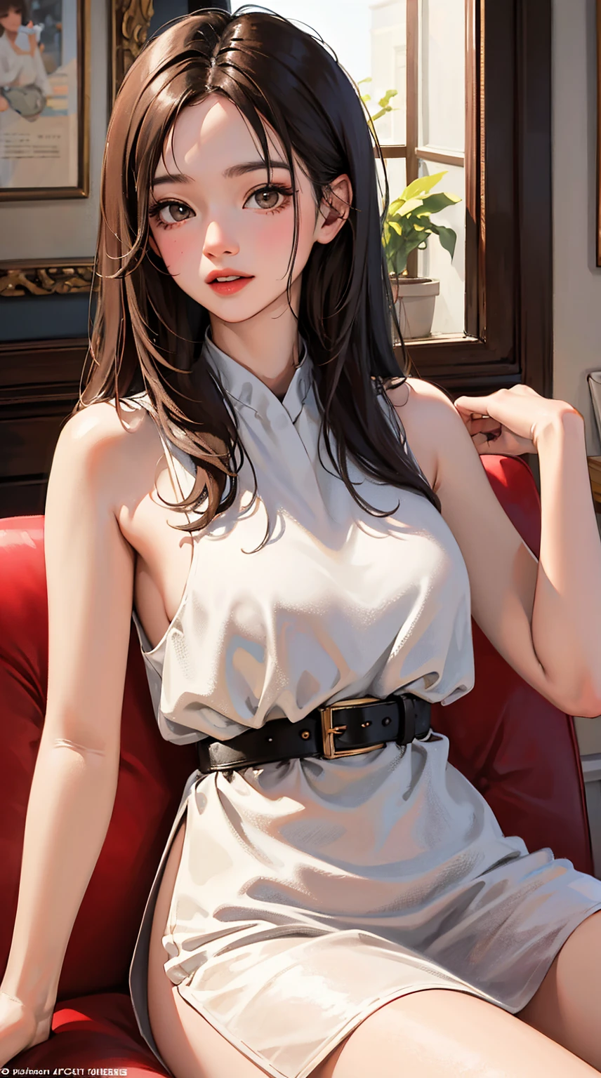 (masterpiece:1.2, best quality), (real picture)(masterpiece), (best quality), (ultra-detailed), 1girl, black hair, breasts, brown eyes, brown hair, couch, head tilt, indoors, lips, long hair, looking at viewer, medium breasts, nipples, nude, pillow, sitting, solo, spread legs