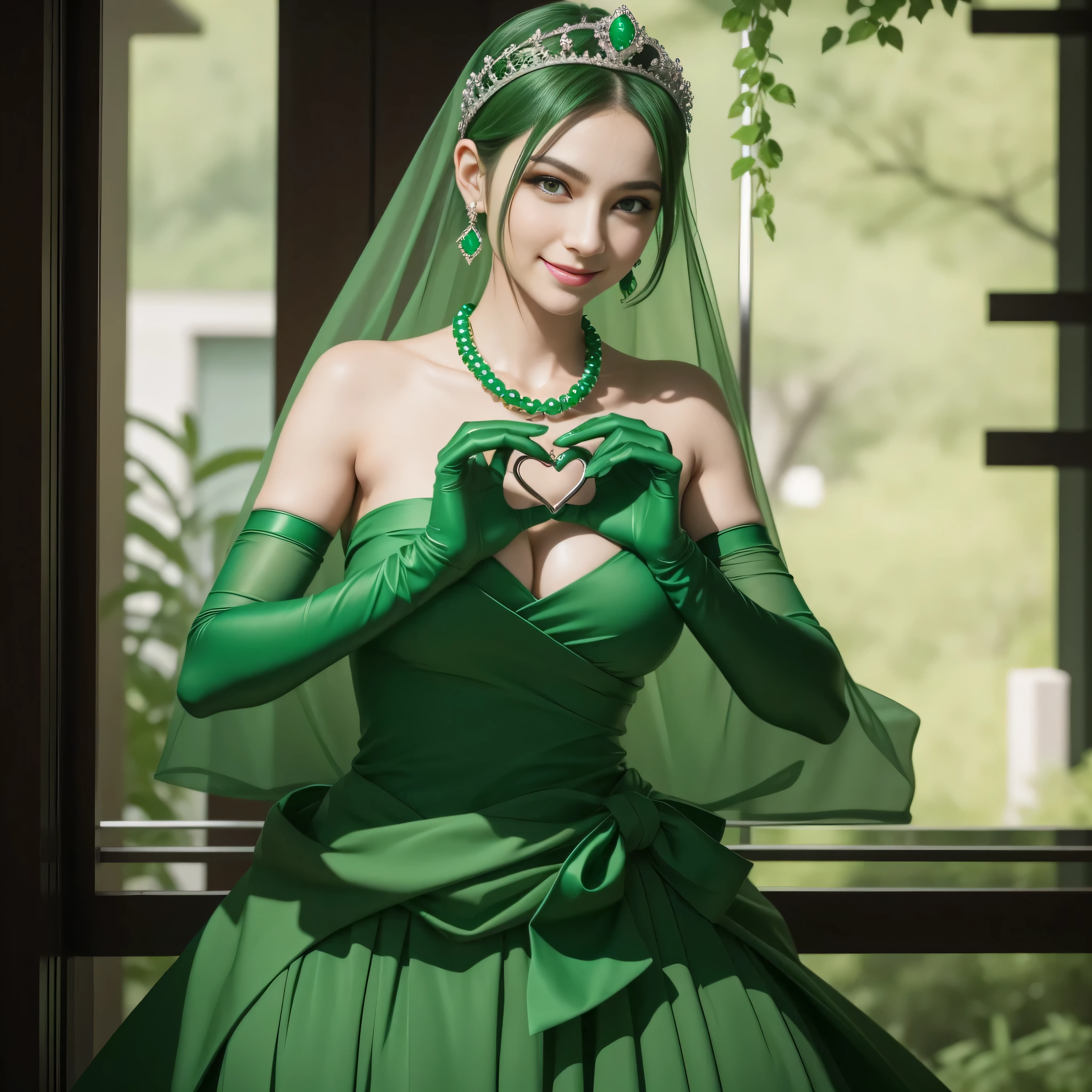 emerald tiara, Green Pearl Necklace, Boyish very short green hair, lipsticks, Japan woman smiling, very short short hair, big breasts beautiful, Green eyes, Long green gloves made of satin material, Green eyes, Emerald Earrings, green vale, 両Heart in the hand, Heart in the hand