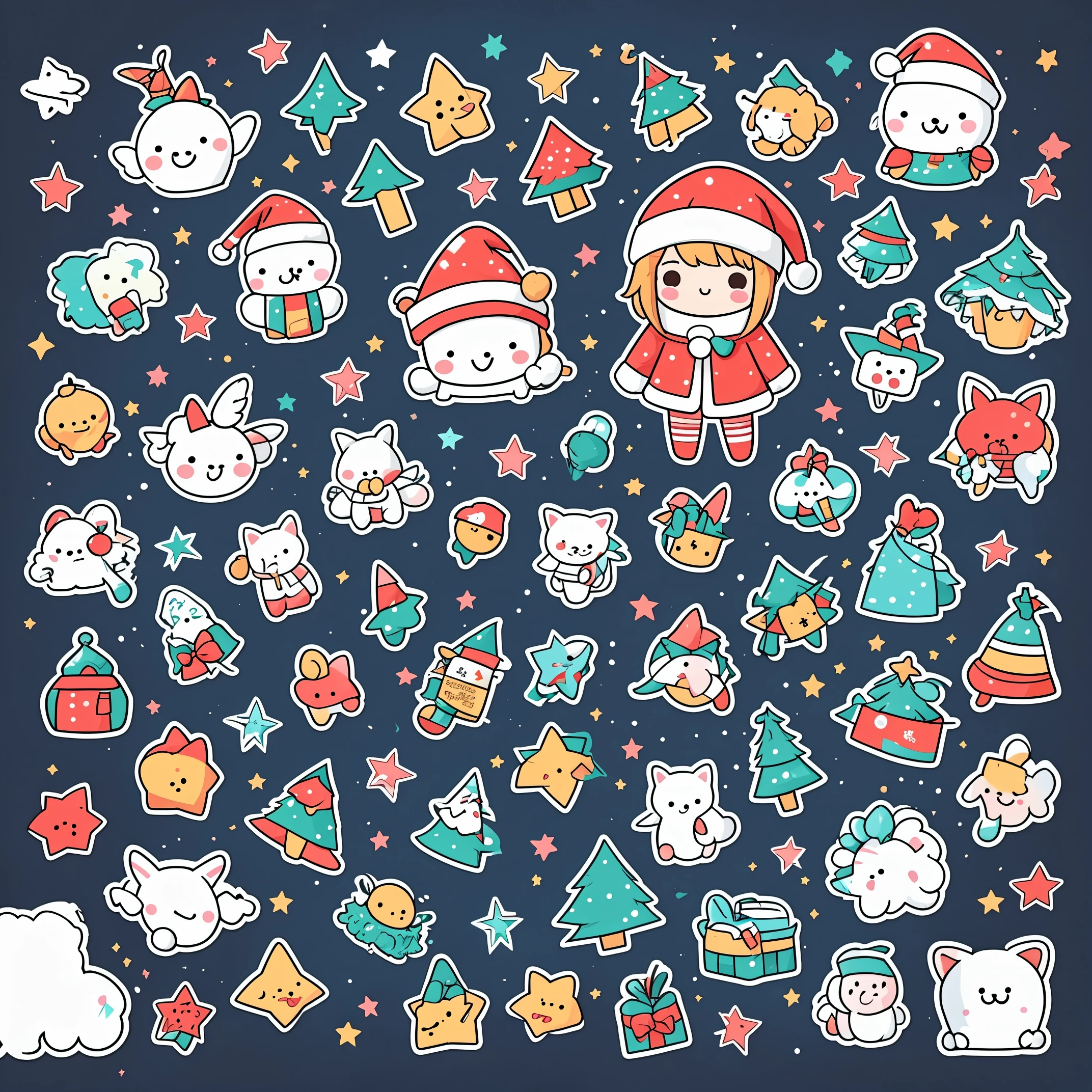 (Girl in Santa costume、vector illustrations、sticker design)、(top-quality、hight resolution: 1.2)、vivd colour、playful style、detailed line art、Festive atmosphere、Winter wonderland、Glowing snowflakes、Cute expression、fun mood、a smile、red outfit、fluffy white trim、striped stockings、Pointy hat、flowing cloak、Golden bell、cheerful background、Snowy trees々and home、christmas ornaments and gifts、Snow runs、sparkling stars、Happy Holidays!