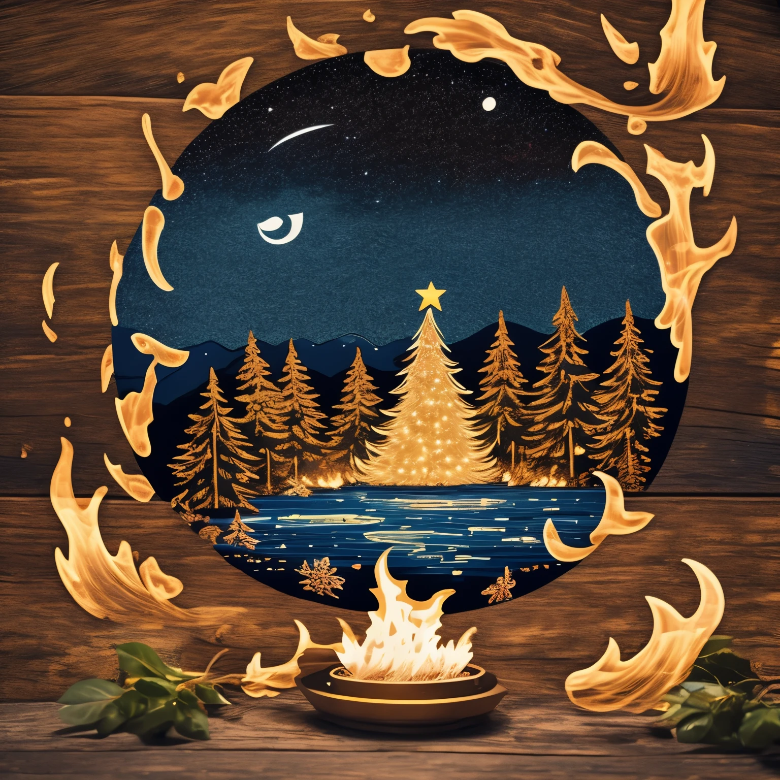 masterpiece, sticker, A Christmas scene drawn in a circle on the campus, a single match flame in the center