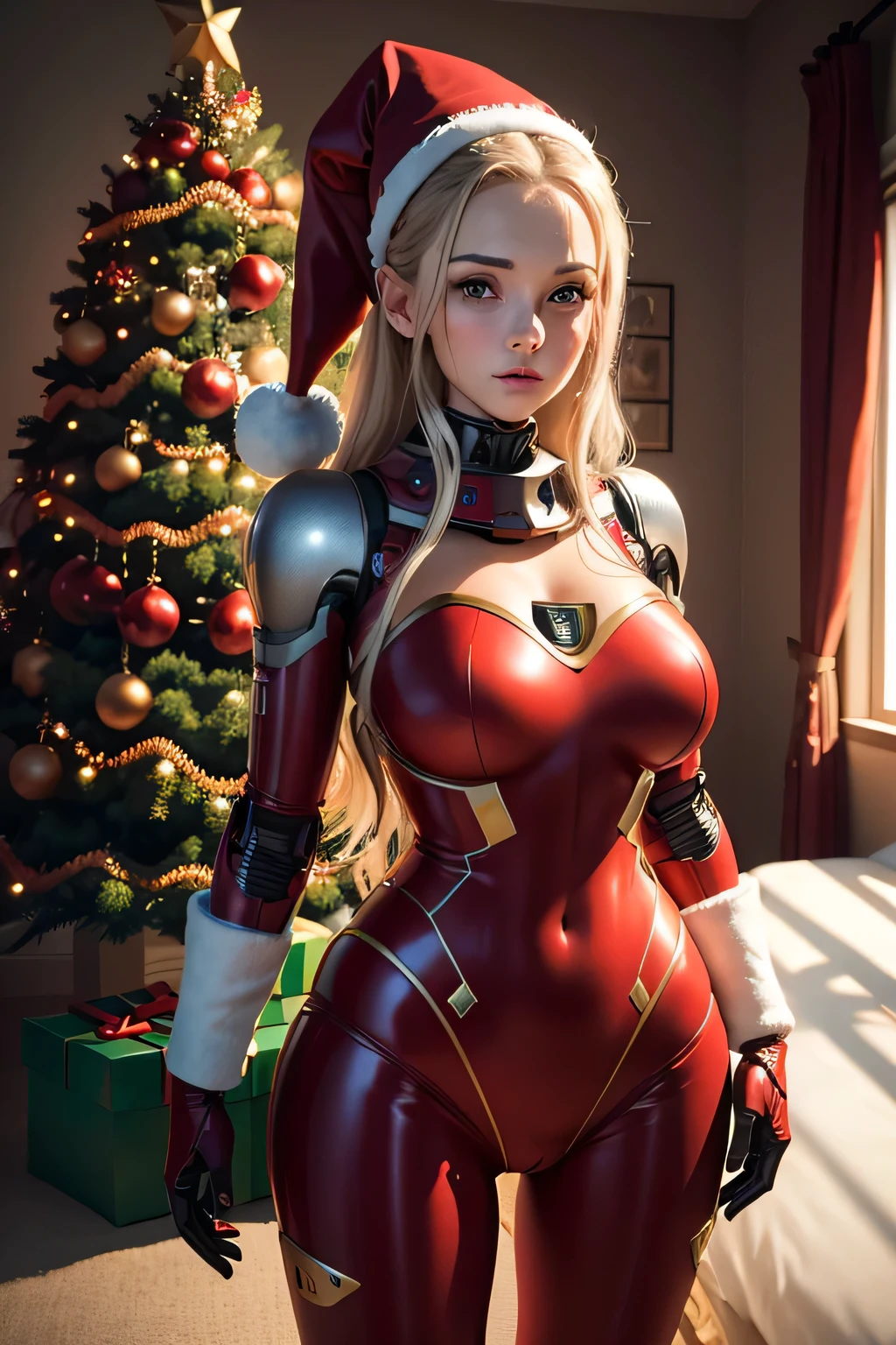 Female robot wearing Santa costume　christmas tree in the back, nffsw, retinas, masutepiece, ccurate, Anatomically correct, Textured skin, Super Detail, high details, High quality, awardwinning, Best Quality, hight resolution