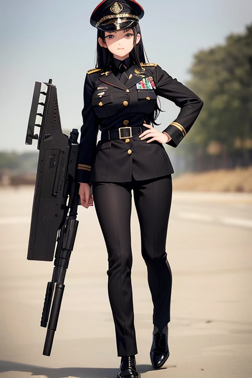 Anime, Military Uniform, Black Hair, Breast, Military Cap, Full Body