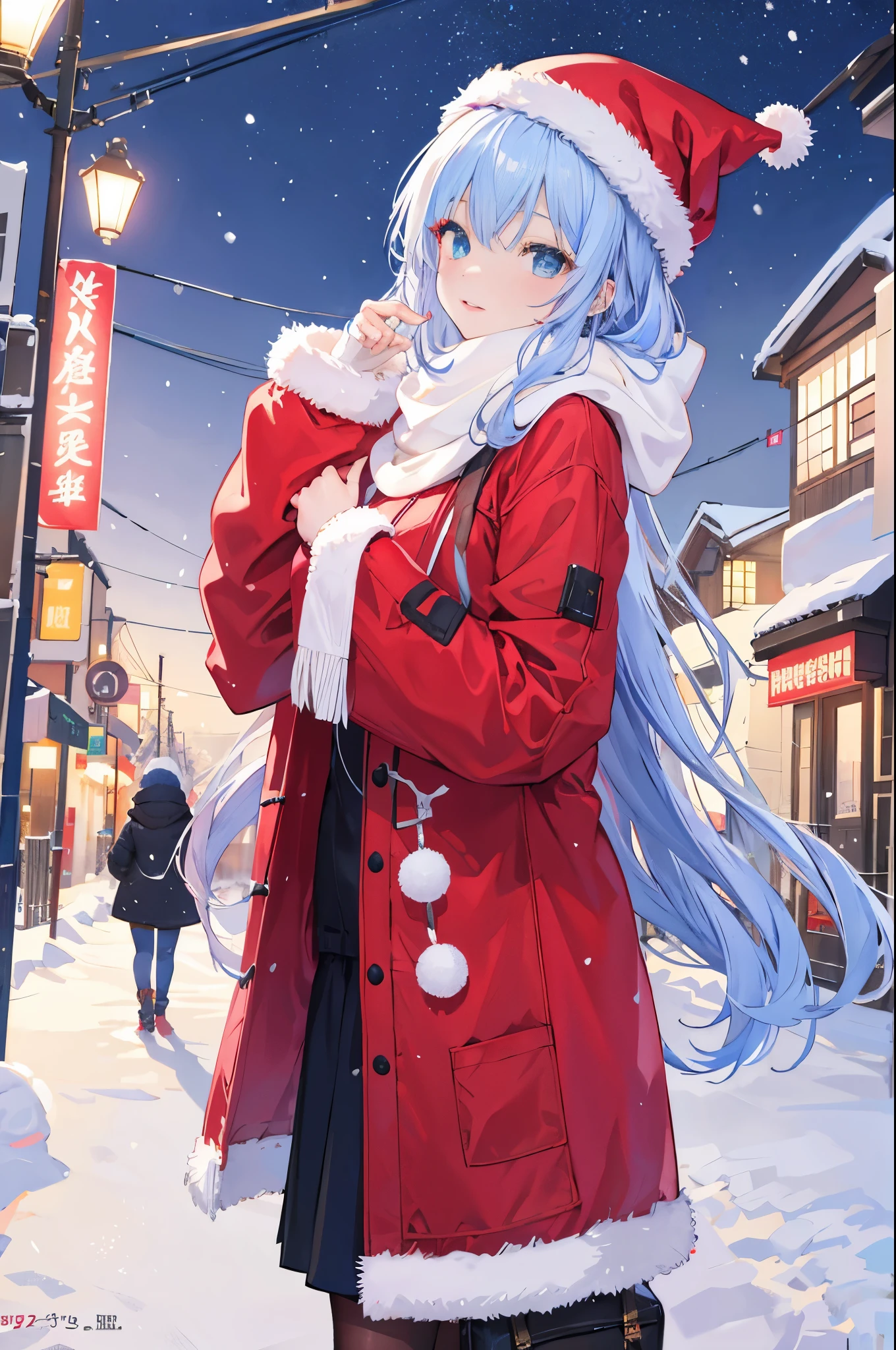 Anime girl in red coat and white hat standing in snow - SeaArt AI