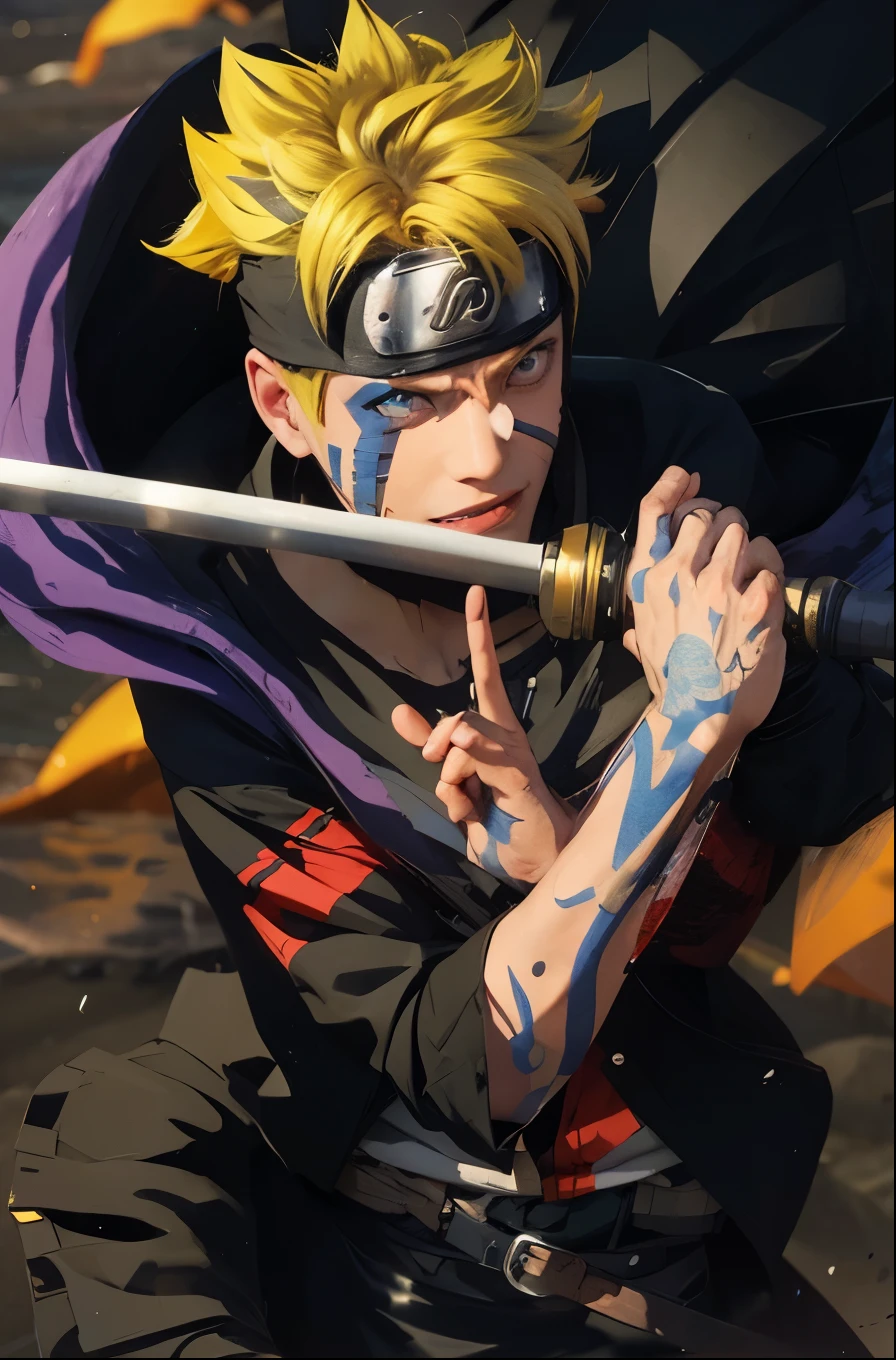 1male, boruto mode momosihiki in anime boruto, short hair , yellow hair, white eyes, handsome, smile, black clothes, realistic clothes, detail clothes, beach city background, ultra detail, realistic