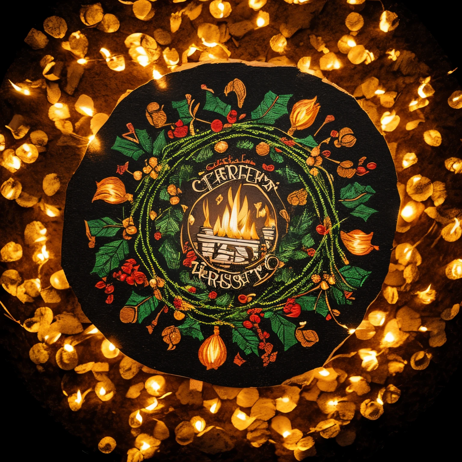 masterpiece, sticker, A Christmas scene drawn in a circle on the campus, a single match flame in the center, background black