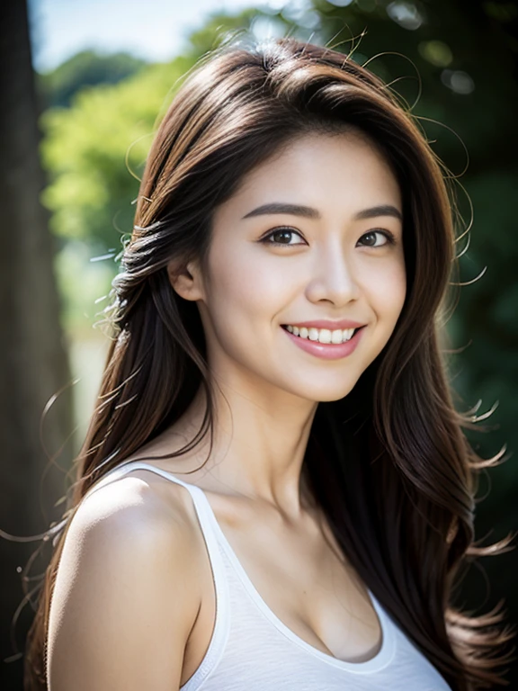 Portrait of confident Indian woman with long and thick hair, Hazel eyes, A tank top, white, Shorts, A smile on her face, Glossy look, D Cup Breast, Perfect composition, hyper realisitic, super detailed, 8K, High quality, trending art, Trending on ArtStation, Sharp Focus, studio photo, Intricate details, Highly detailed,selfie from the forest