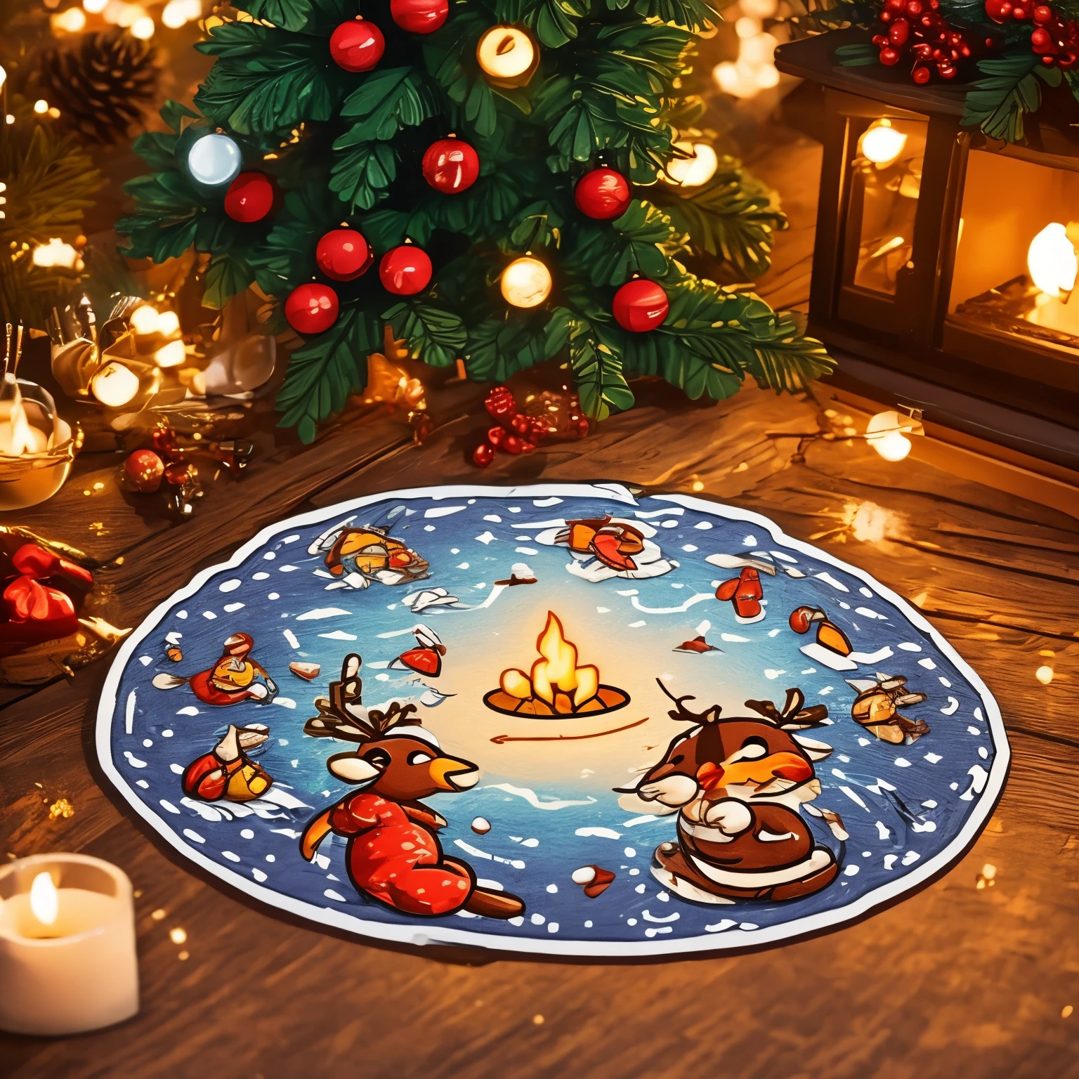 masterpiece, sticker, A Christmas scene drawn in a circle on the campus, a single match flame in the center