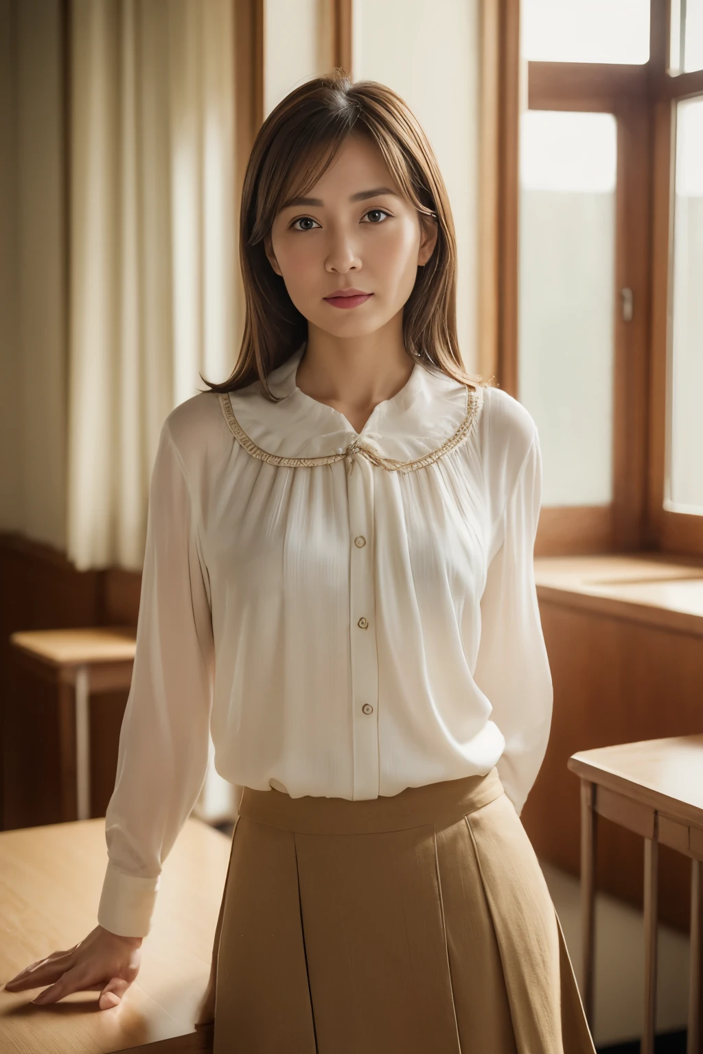 masuter piece, top-quality, masterpiece, hight resolution, Photorealsitic, Raw photography, 8k wallpaper, flawless, profetional lighting, ighly detailed, depth of fields, ((One beautiful woman)), ((40 year old male sexy, Classroom, (( skirt by the, Blouse)), Detailed face, beautidful eyes, bangss, small breasts of good shape, Light Brown Straight Hair, Faint lips, ((stand facing forward、Staring at the viewer'serious face eyes.)), knees protrude from the frame,