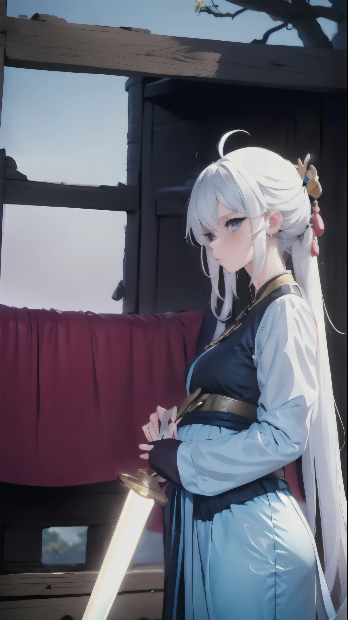 Golden hairpin, white ash hair, blue clothes, (purple cloack: 1.ale face, sweating, heavy breath, blushing, pregnancy dresest quality:1.2), ultra-detailed,realistic ,portraits, vivid colors, soft lighting, interesting PoV, stocking, straight hair, pregnant, Pregnant belly, anime girl, solo girl, light blue eyes, Chinese sword, swing sword