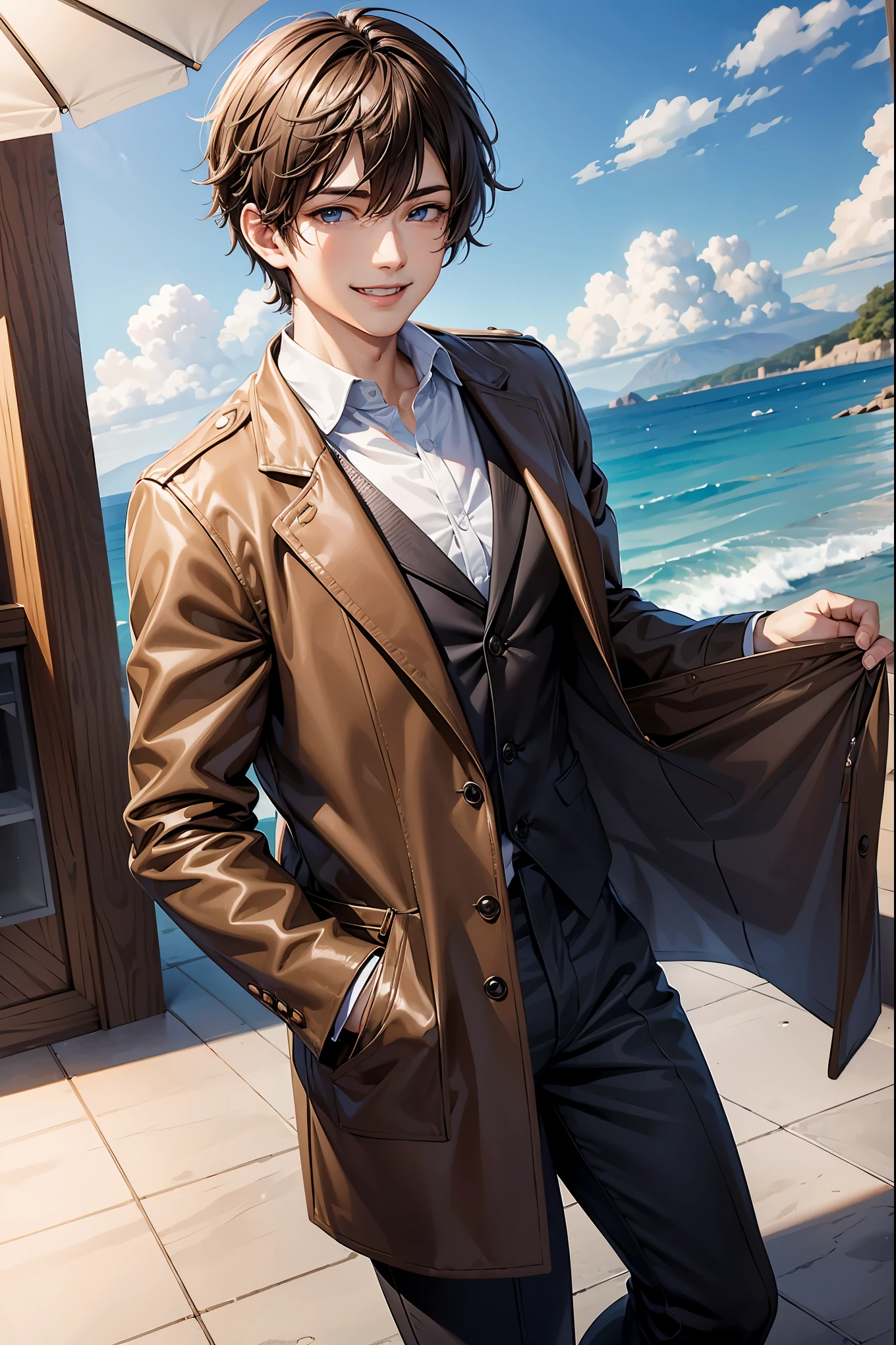 An 18-year-old man、Brown hair、((short-haired))、shiny and smooth hair, Smiling smile, extremely detailed CG unified 8k wallpaper, Highly detailed,