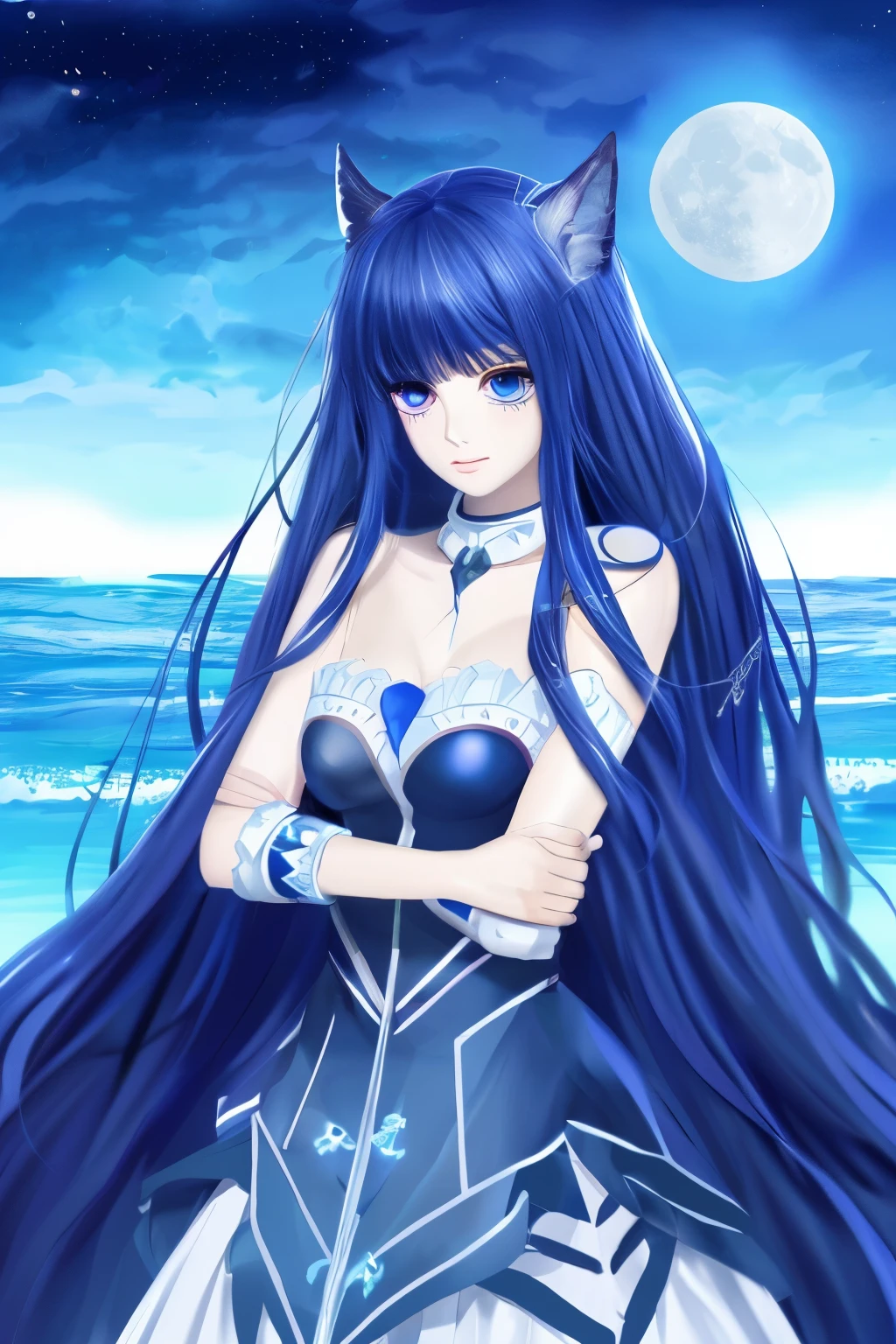 extremely detailed eyes and face perfect anatomy blue girl anime fantasy sea moon full body image with large eyes healing system