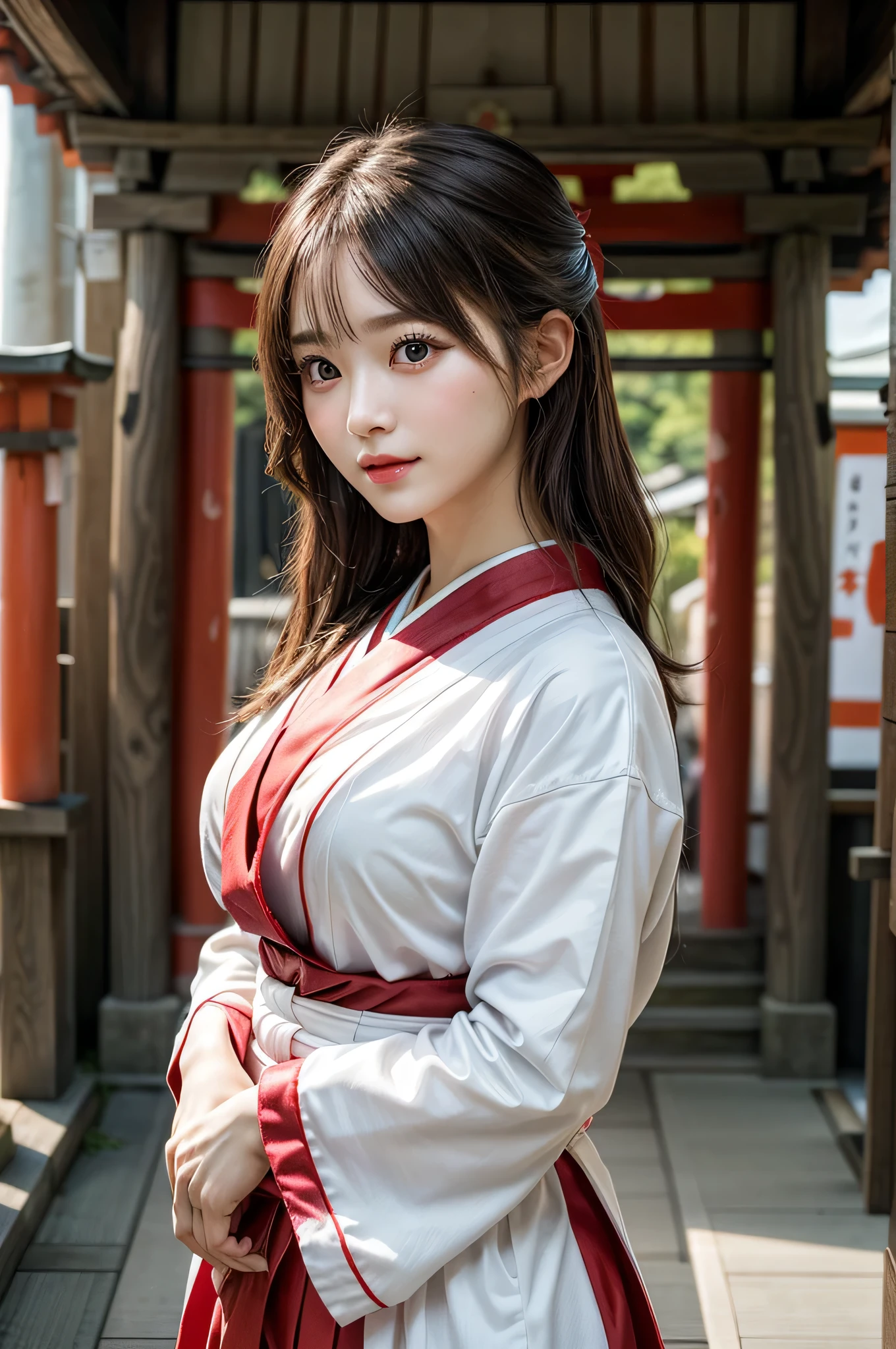1girl in, (shrines maiden), (Japanese style shrines maiden costume, White haori, Red Hakama:1.5), Extremely cute, Amazing face and eyes, (extremely detailed beautiful face), (Ultra Realistic), (Highly detailed eyes, Highly detailed hair, Highly detailed face, Highly detailed plump lips), Upper body, Search Smile, (Best Quality:1.4), Raw photo, (Realistic, photo-Realistic:1.37), Professional Photography, Cinematic Light, divine, shrines, Red torii gate,
