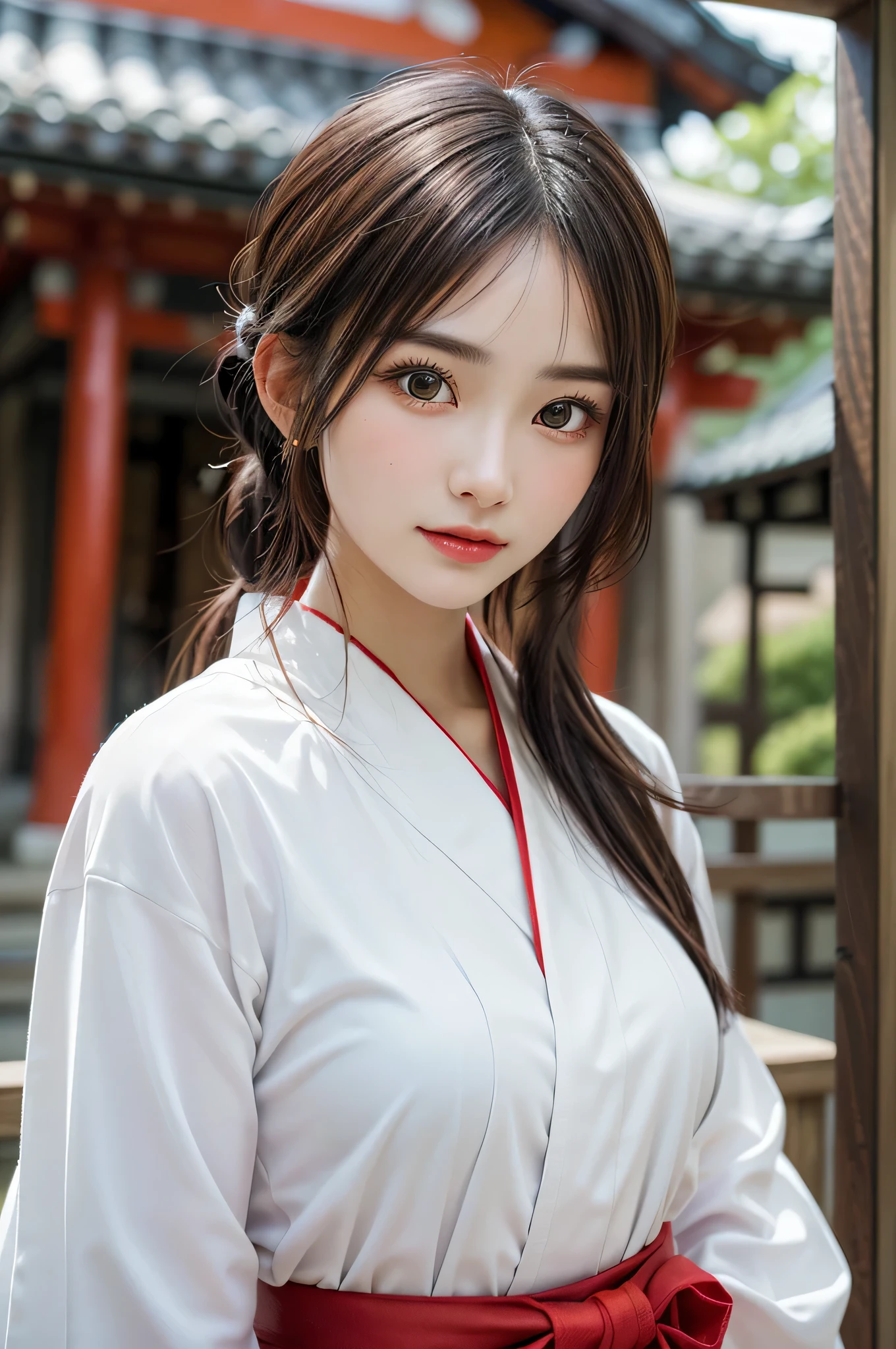 1girl in, Chignon, Hair ornaments, Water leads, (shrines maiden), (Japanese style shrines maiden costume, White haori, Red Hakama:1.4), Extremely cute, Amazing face and eyes, (extremely detailed beautiful face), (Ultra Realistic), (Highly detailed eyes, Highly detailed hair, Highly detailed face, Highly detailed plump lips), Upper body, Search Smile, (Best Quality:1.4), Raw photo, (Realistic, photo-Realistic:1.37), Professional Photography, Cinematic Light, divine, shrines, Red torii gate,