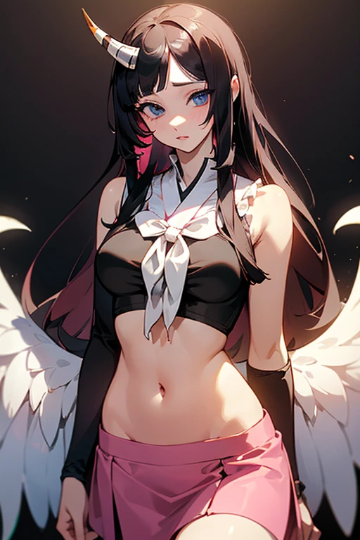 1girl, solo, (houraisan kaguya:1.3), masterpiece, best quality, pink top, crop top, ((stomach)), midriff, ((groin)), pink skirt, normal ears, shackles, black hair, very long hair, wavy hair, sidelocks, blue eyes, parted lips, single horn, sweat, , toned belly, hand on own chest, eyelashes, (25 year old woman:1.3), (masterpiece:1.4), (best quality:1.4), (beautiful detailed eyes), extremely detailed CG, extremely delicate and beautiful, depth of field, (finely detailed face), (perfect details:1.0), (mature female:1.3), wide pelvis, slender, large veiny breast, 8k resolution, high quality, high definition, extremely detailed, masterpiece, best quality, pink hair, long hair, alluring presence, angel wings, short skirt, close up, big tits,