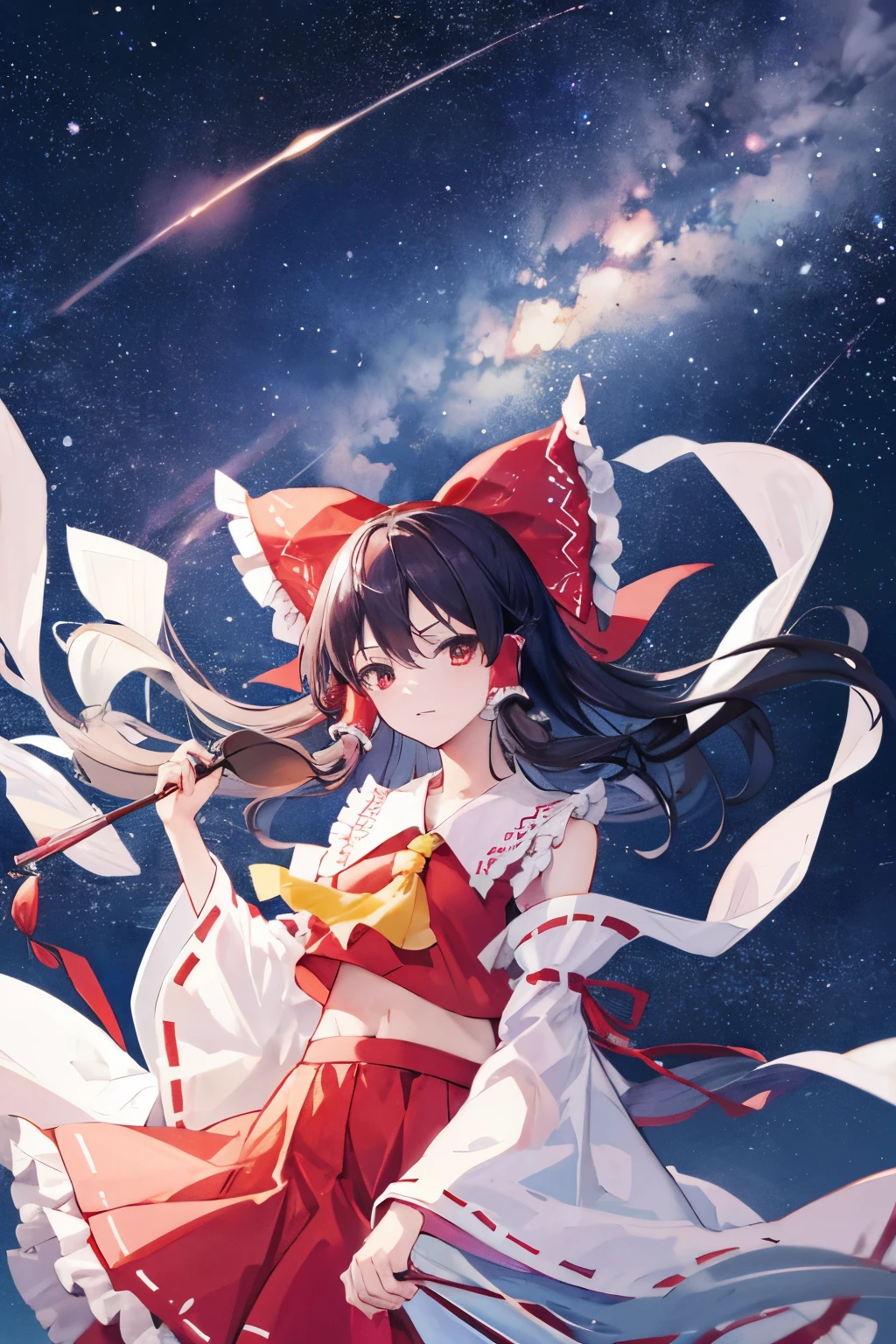 Hakurei Reimu,Touhou project, stars, milky way, sky, windy, looking the sky