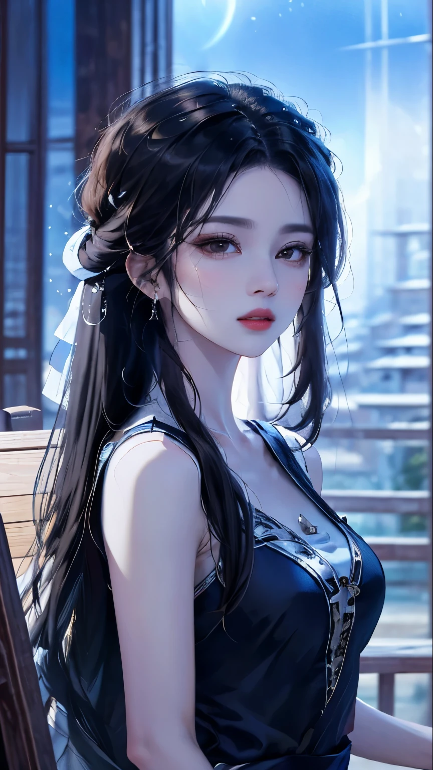 heroes&#39;A masterpiece in the style of ancient Wei Zi，Close-up of a woman with long black hair，Red dress，mistic，Antique rhyme，Exquisite epic character art，The delicate brushstrokes and depth of field in the picture make you immersed in the scene，rays of moonlight，natta，Liu Yifei,blueglow，sharp look，