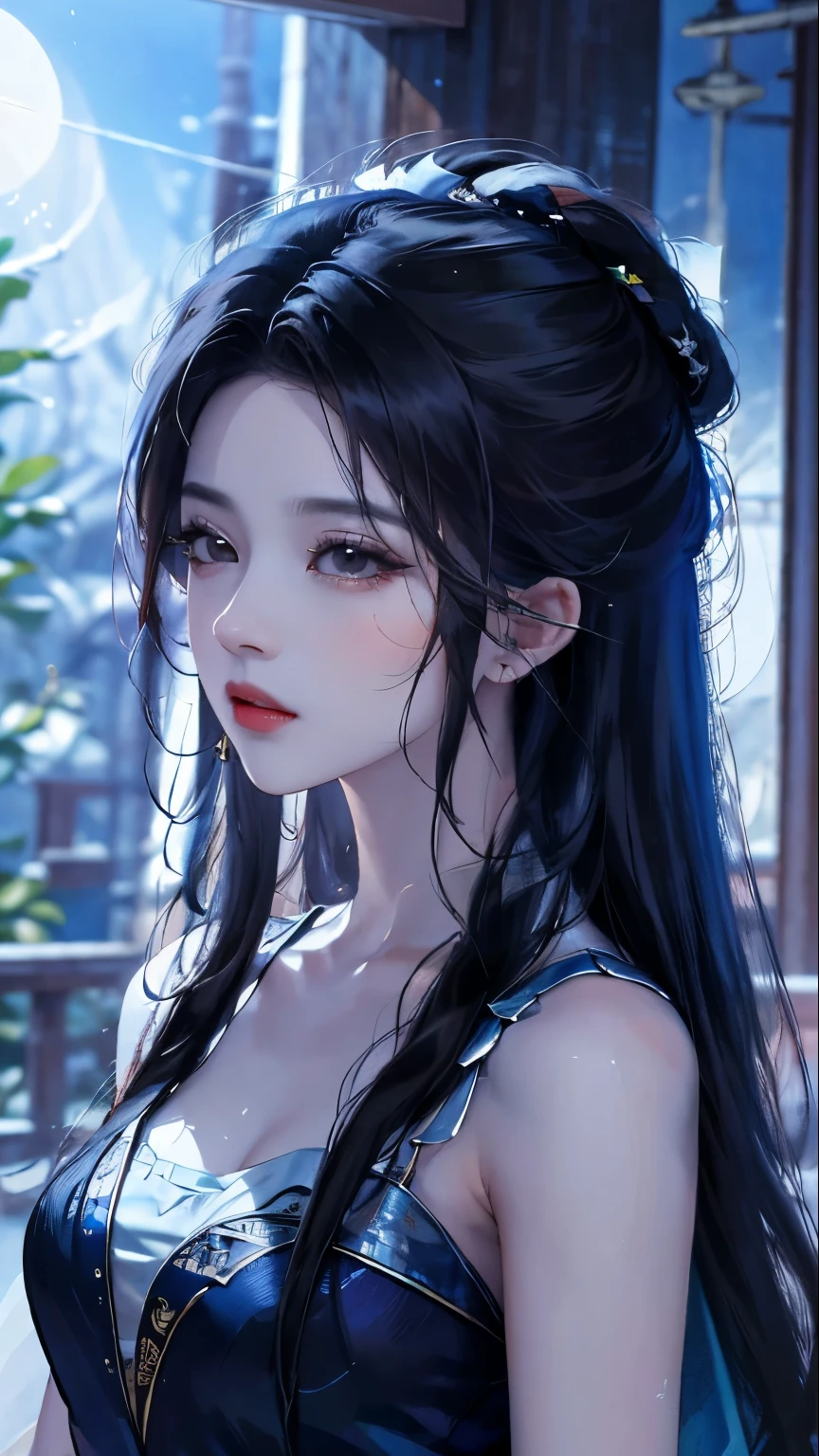 heroes&#39;A masterpiece in the style of ancient Wei Zi，Close-up of a woman with long black hair，Red dress，mistic，Antique rhyme，Exquisite epic character art，The delicate brushstrokes and depth of field in the picture make you immersed in the scene，rays of moonlight，natta，Liu Yifei,blueglow，sharp look，