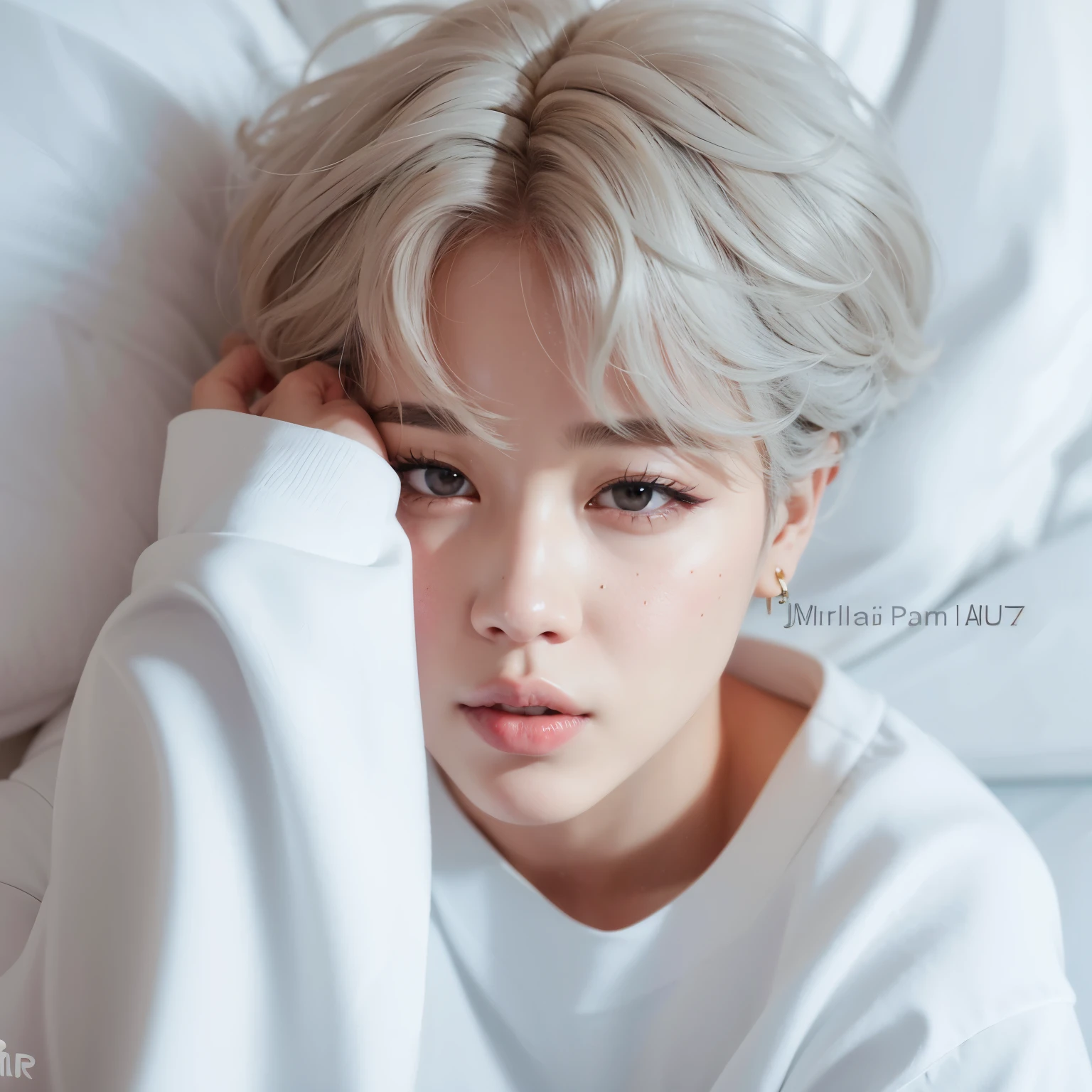 imagem arafed de uma mulher com cabelos loiros e olhos azuis, Jimin, park Jimin, Jimin\Plump lips, accurate Jimin face, Jimin\Nariz grego, Jimin\'s right eyelid swollen, portrait of kpop idol, arte digital, arte digital, Kim Doyoung, TaeJune Kim, [ Realistic photography ], arte realista