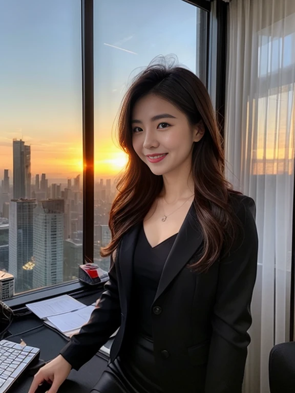 top-quality, (Hairstyle is semi-long), (Tight black suit jacket), (Tight black suit skirt),(White camisole in satin material), (Glossy white camisole), A smile:0.25, Bewitching face:0.5, Hair color is brown close to black, beautiful japanese female, (30-years old:0.5), (35 year old:0.75), Dark eyeliner, (ultra-sexy:1), slightly muscular, (Smaller chest), (From head to thigh), High-level ranks, (An office with a lot of computers),(IT Company Office), (Sunset view of skyscrapers)