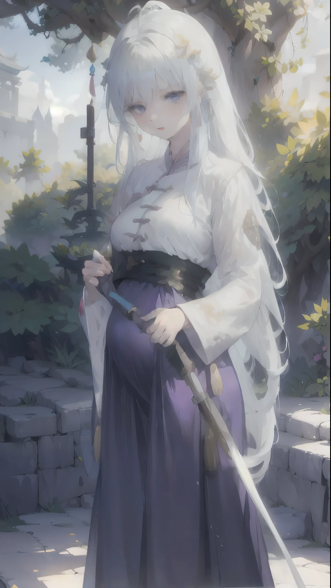 Golden hairpin, white ash hair, blue clothes, (purple cloack: 1.ale face, sweating, heavy breath, blushing, pregnancy dresest quality:1.2), ultra-detailed,realistic ,portraits, vivid colors, soft lighting, interesting PoV, stocking, straight hair, pregnant, Pregnant belly, anime girl, solo girl, light blue eyes, Chinese sword, swing sword