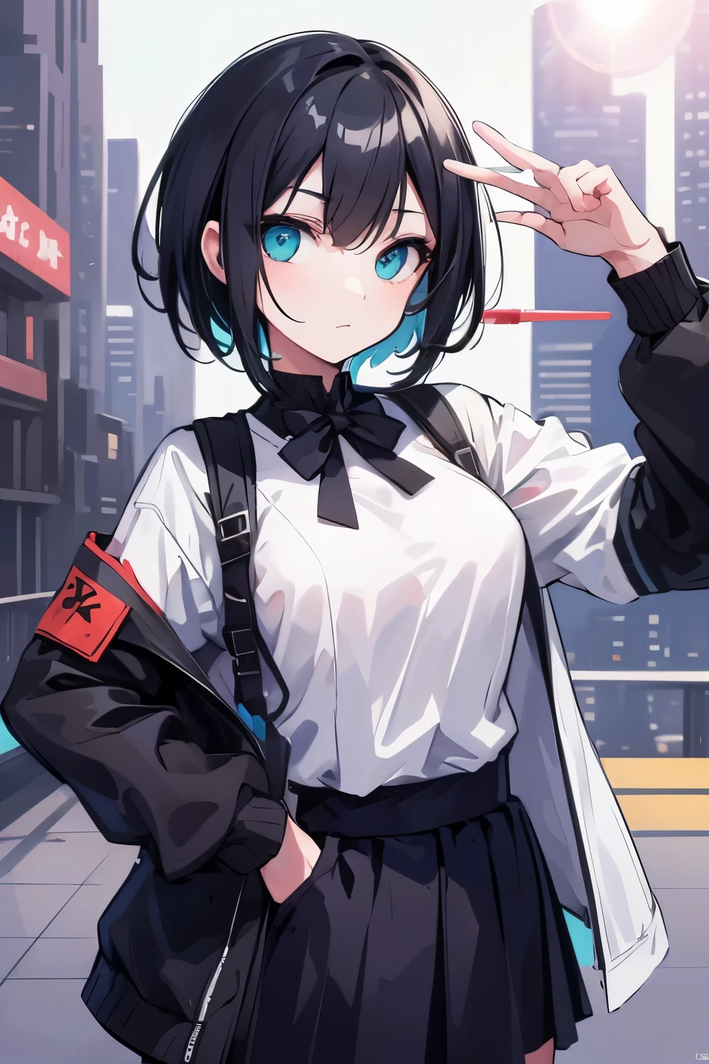 (masutepiece:1.2, Best Quality, Top Quality, Lens Flare, Depth of Field,), (Close Up: 1.3), (Wide Shot, Fisheye: 0.85), Face Focus, [1 girl in, expressioness, (Turquoise eyes:1.3),jet-black hair, Half shorthair,White jacket,Take off your jacket, Blouse with Open Chest, breast, ] , (Holding a Weapon, Holding a pistol, Aiming, Aiming:1.2), gun, firing, city, street, road sign, skyscraper,