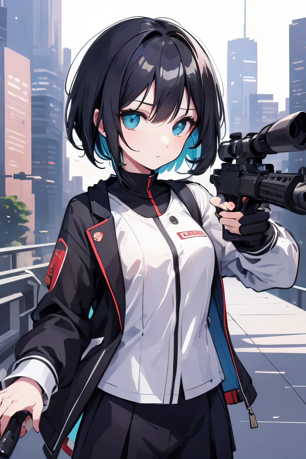 (masutepiece:1.2, Best Quality, Top Quality, Lens Flare, Depth of Field,), (Close Up: 1.3), (Wide Shot, Fisheye: 0.85), Face Focus, [1 girl in, expressioness, (Turquoise eyes:1.3),jet-black hair, Half shorthair,White jacket,Take off your jacket, Blouse with Open Chest, breast, ] , (Holding a Weapon, Holding a pistol, Aiming, Aiming:1.2), gun, firing, city, street, road sign, skyscraper,