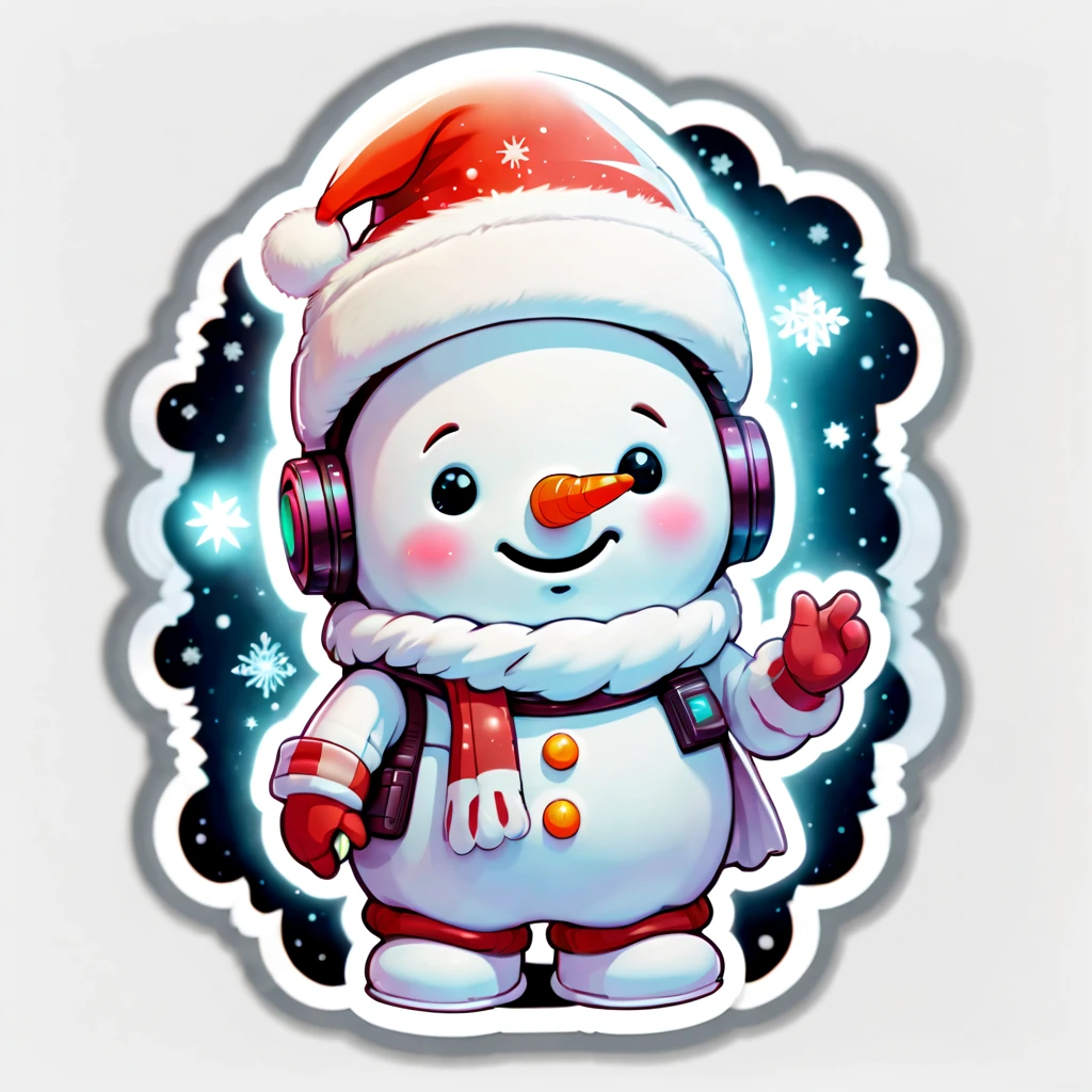 (((Stickers, Sticker))),(Full body photo),1 transparent cute Christmas snowman,Transparent mech,Exquisite Christmas hat,Luminous goggles,cyber punk personage,Dreamy glow,(((white border frame,Sticker,a sticker)))