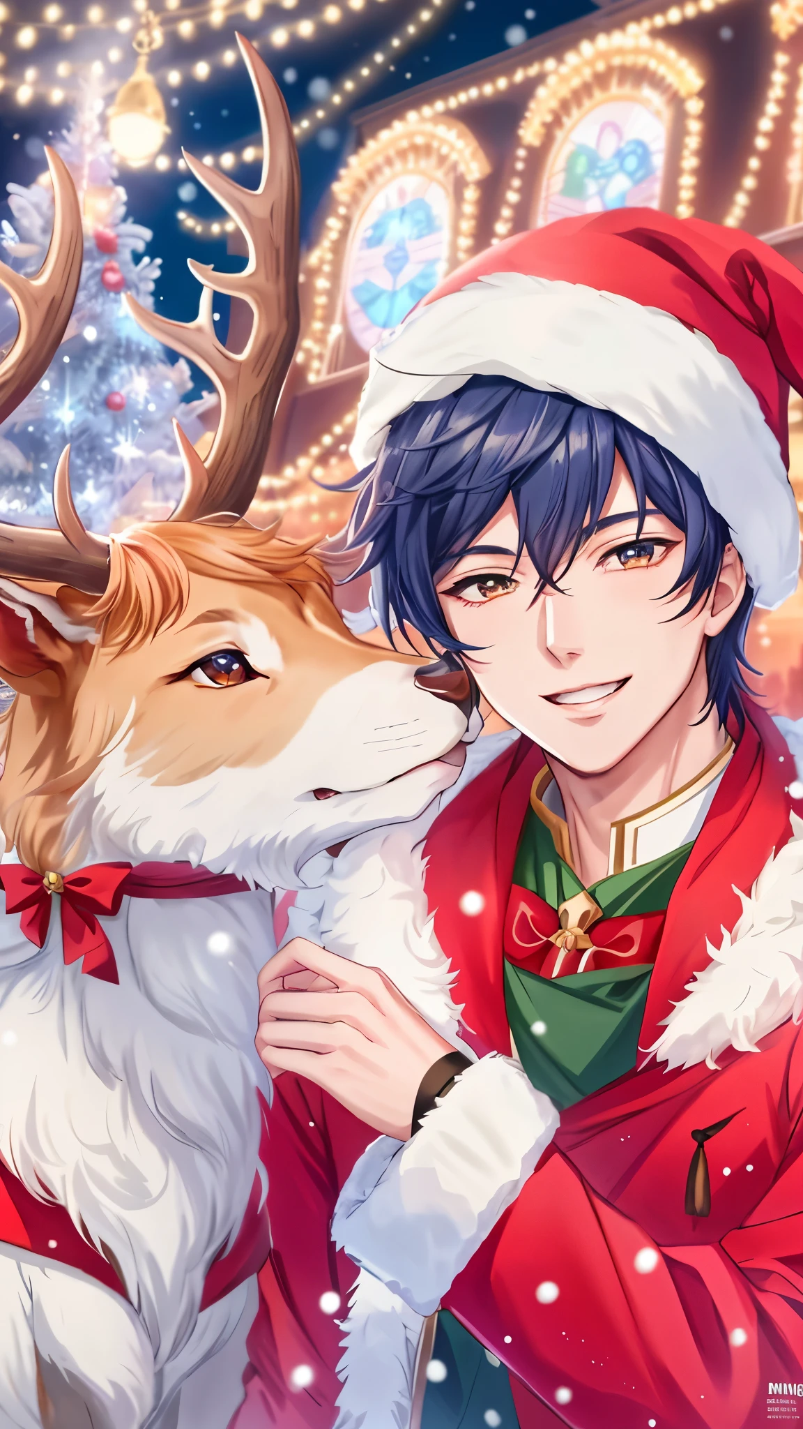 Anime boy with a deer with big horns in front of the Christmas tree, profile picture 1024px, 8K!, high quality fanart, anime cover, anime lush john 8K woods, 4 k manga wallpaper, anime style 4 k, official fanart, avatar image, Two anime handsome men, traditional art, Genshin, fanart, sakimichan、Very detailed CG Unity 8K wallpaper, (Super masterpiece, Beautiful person, well detailed face polluted smile, Photorealistic, hyper realisitic),