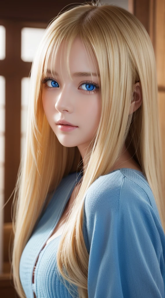 A character with blue eyes and golden hair, the design is more anime style, not realistic.