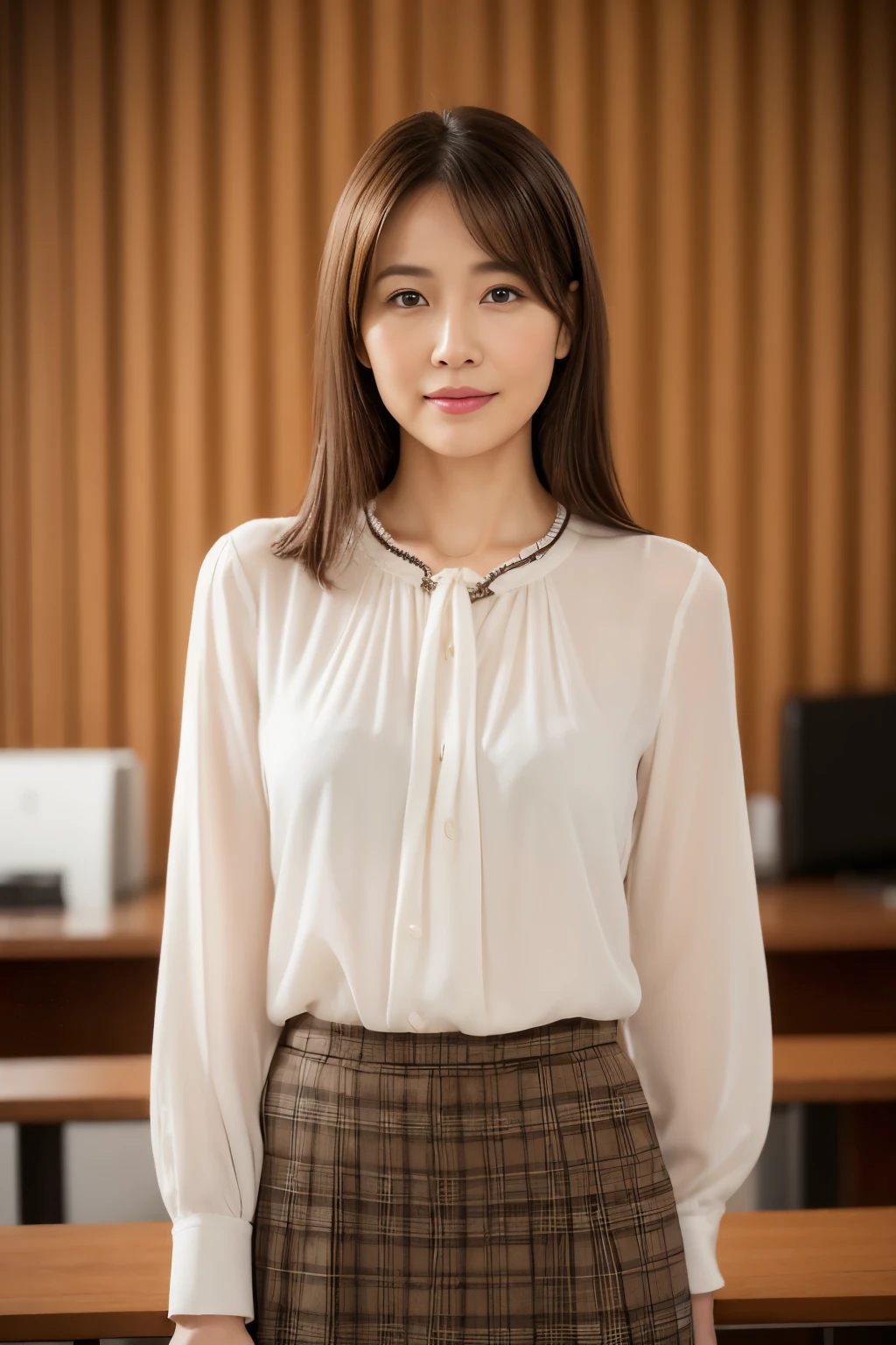 masuter piece, top-quality, masterpiece, hight resolution, Photorealsitic, Raw photography, 8k wallpaper, flawless, profetional lighting, ighly detailed, depth of fields, ((One beautiful woman)), ((40 year old male sexy, Classroom, (( skirt by the, Blouse)), Detailed face, beautidful eyes, bangss, small breasts of good shape, Light Brown Straight Hair, Faint lips, ((stand facing forward、Staring at the viewer'serious face eyes.)), knees protrude from the frame,