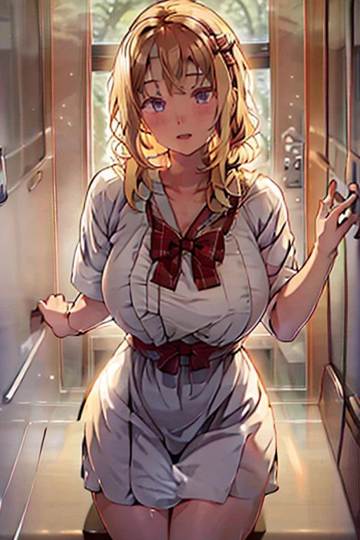 A girl with blonde wavy hair wearing a cute apron dress is sitting with an M shape showing her panties. Spread your legs wide so you can see your pants clearly Raise your legs facing straight ahead NSFW