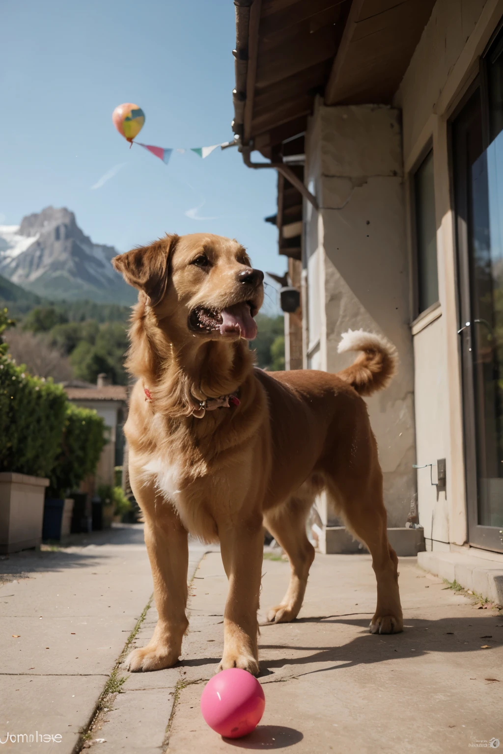UHD, Realstic, un chien golden retriever , joue avec un ballon multicolor , there montagne