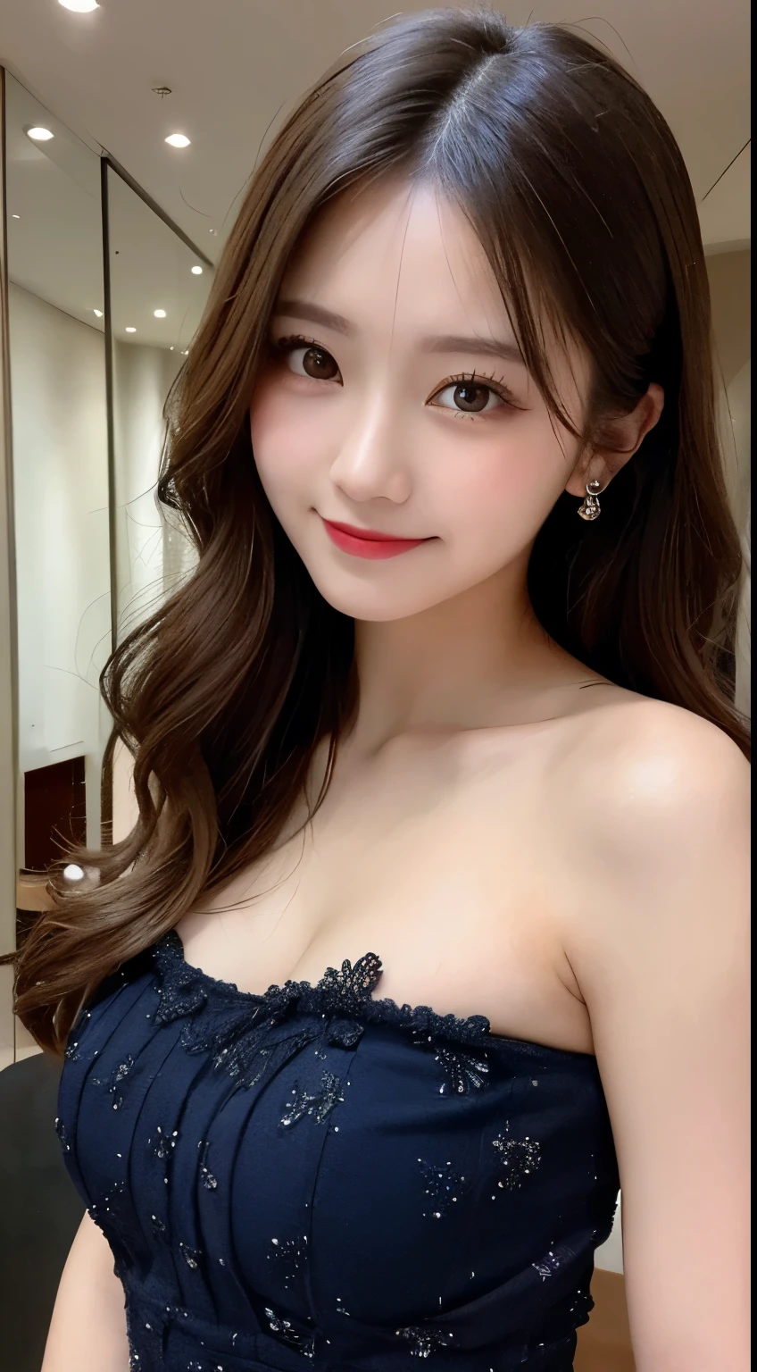 masutepiece, Best Quality, Illustration, Ultra-detailed, finely detail, hight resolution, 8K Wallpaper, dynamic compositions, Beautiful detailed eyes, Very gorgeous and elegant luxury dress winter clothes,Medium Hair,Small breasts natural color lip, Bold sexy poses,Smile、20 years girl、Cute、Sexy shot looking at camera,Midnight,beautifull detailed face,Classy face,Perfect and beautiful face,Slim face and body,Blur the background,gorgeous party venue