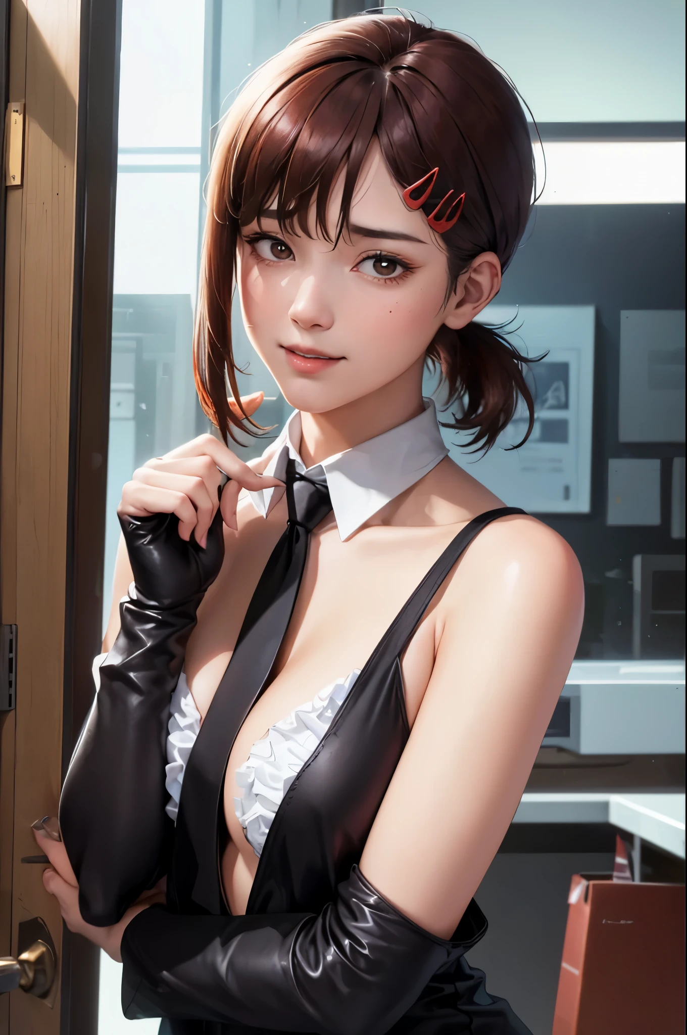 tmasterpiece,best qualtiy,ultra - detailed,illustratio,epic lighting,cinematic compositions,isometry,1girl,独奏,adolable,with brown eye,black color hair,sweeping bangs,single hair,red hair cliplouse with a white collar,black necktie,Black pantsuit,formal,a captivating gaze,captivating posture,inside in room,office room,doors,开doors,looking at viewert,peeking out upper body,Be red in the face,lusty smile,Shut your mouth,(8k:1.1),